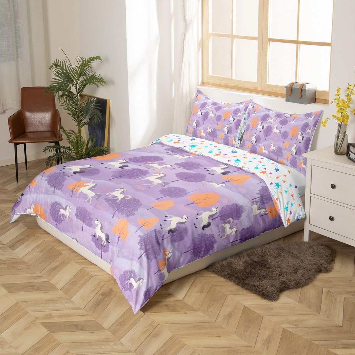 Manfei Cartoon Unicorn Duvet Cover Set Toddler Size,Dreamy Horse Fairy Tale Animal Bedding Set,Princess Style Watercolor Purple Comforter Cover(No Filler) for Kids,2 Pcs