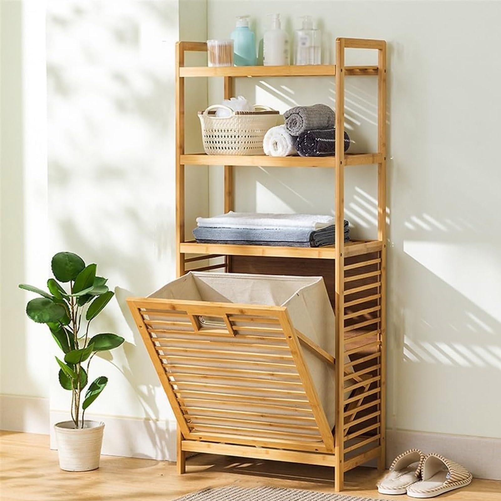 Cesto de bambú inclinable para la ropa sucia con estante abierto, elegante cesta de lavandería para baño, dormitorio, sala de estar y lavandería, soluciones de almacenamiento