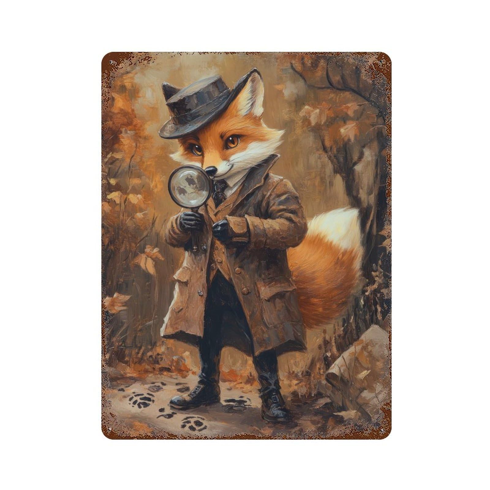 Fox Detective Aged Metal Wall Plaque 15.7"x11.8", Farmhouse Wall Decor for Office, Studio And Wall Decor