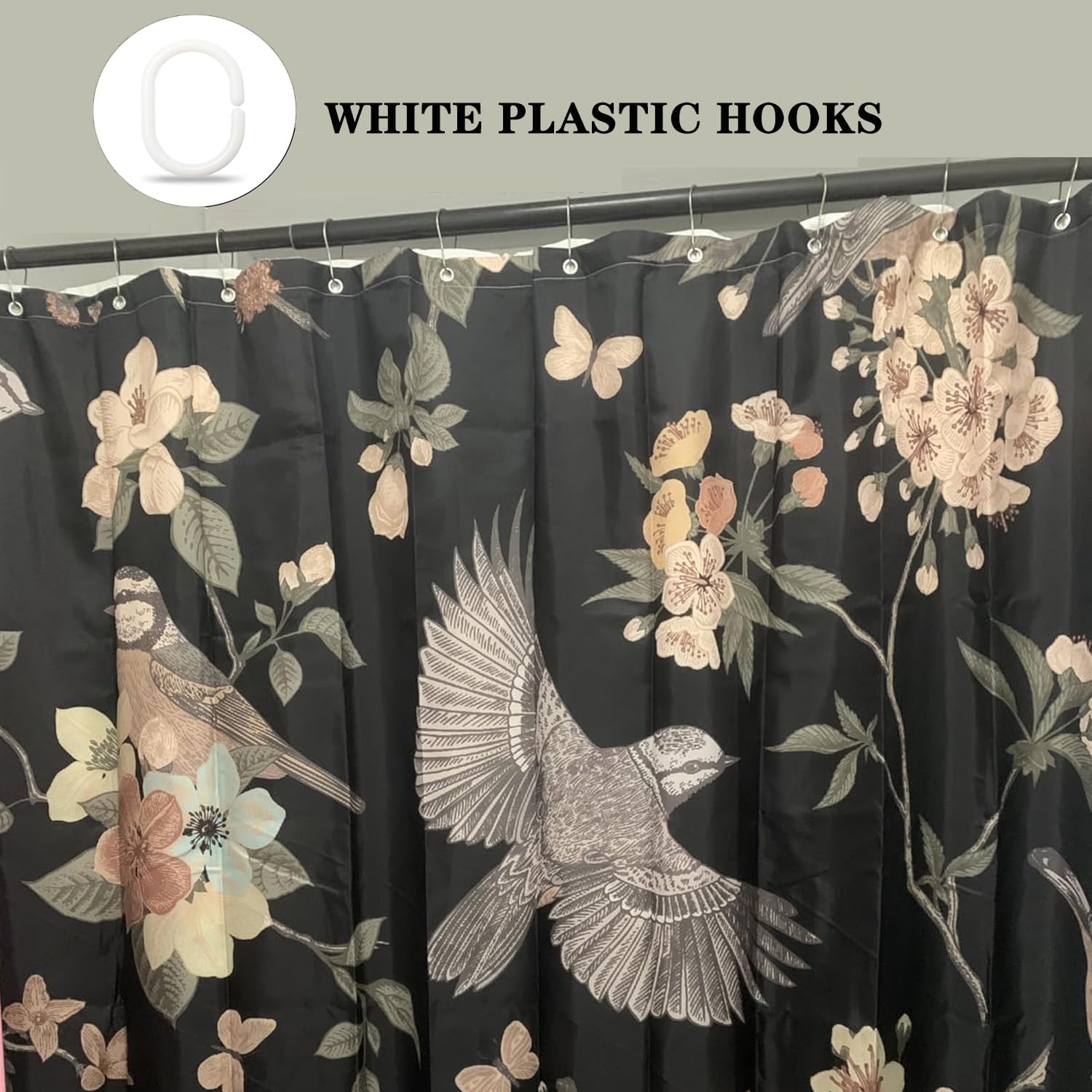 Renaiss 72x72 Inches Birds Floral Shower Curtain Watercolor Vintage Flowers Leaves Tree Branch Black Bath Curtain Plants Fabric Shower Curtains for Bathroom Decor Waterproof Polyester with Hooks