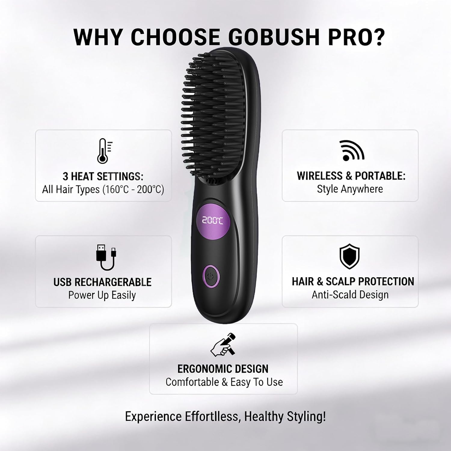 Go Brush Pro, Gobrush Pro Portable Straightener Brush, Cordless Hair Straightener Brush for Short Hair, 3 Adjustable Temperature, LED Display, Upgraded Fast Heating Hairs Comb for Women Travel (Pink)