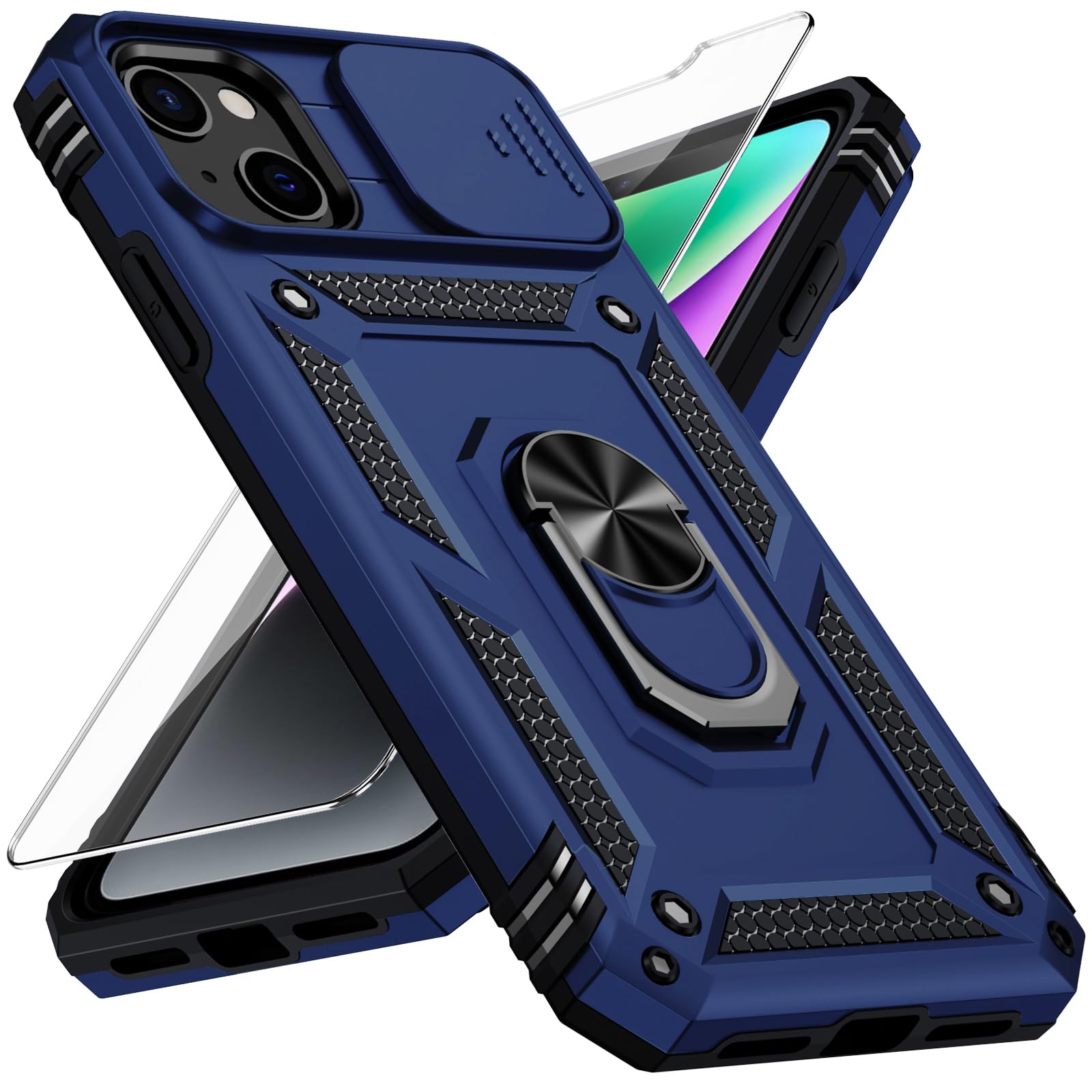 VINVE for iPhone 13 Case with Slide Lens Cover, HD Screen Protector, Military Grade Drop Protection, Magnetic Rotated Ring Holder Kickstand Protective