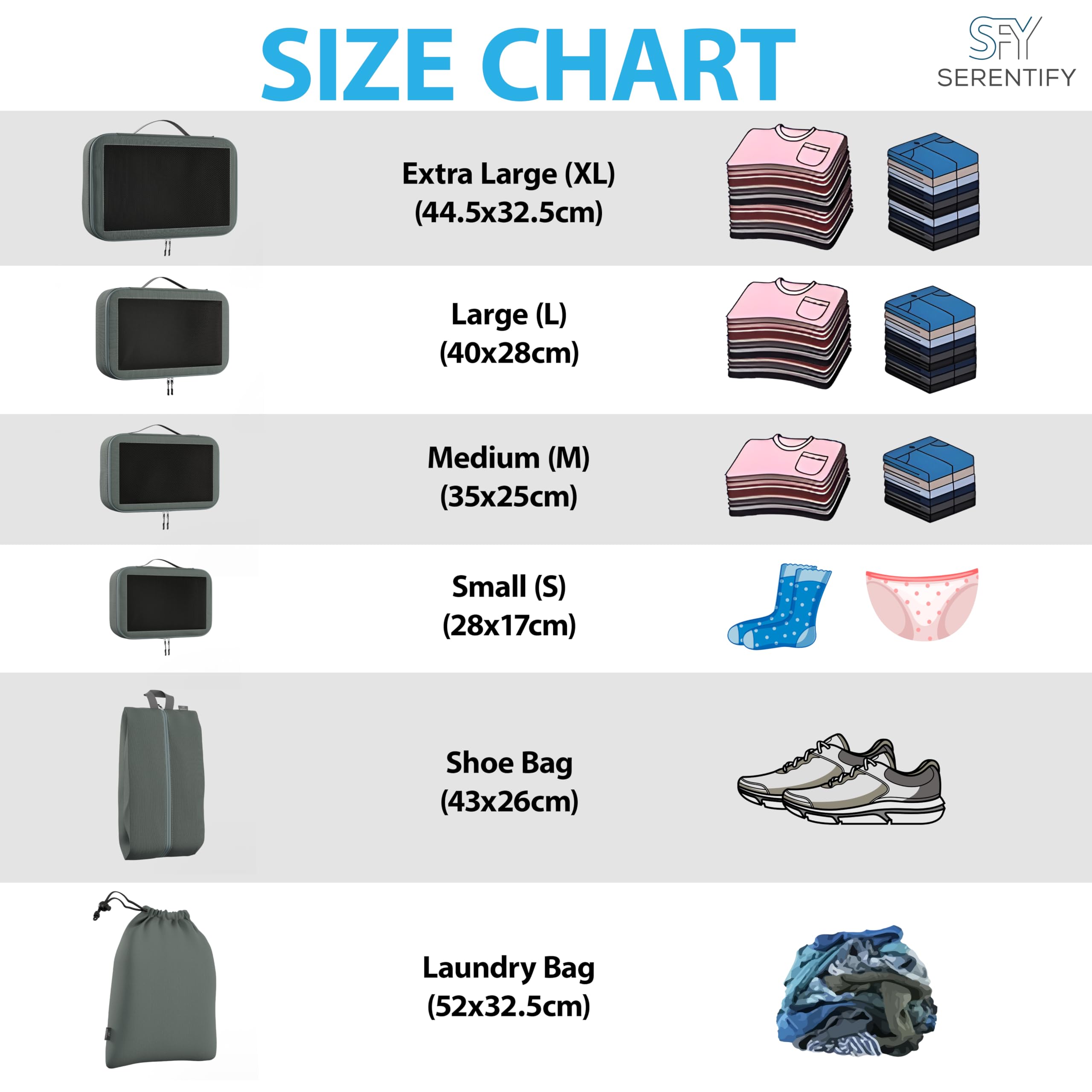 Packwürfel (grau, (XL, L, M, S, Wäschesack, Schuhbeutel) - 6 Stück)
