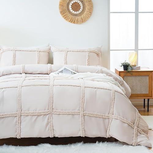 Miniatura 9 de Juego de edredón y juego de ropa de cama de felpilla copetudo, color beige, crema, tamaño Queen, estilo bohemio, para todas las estaciones