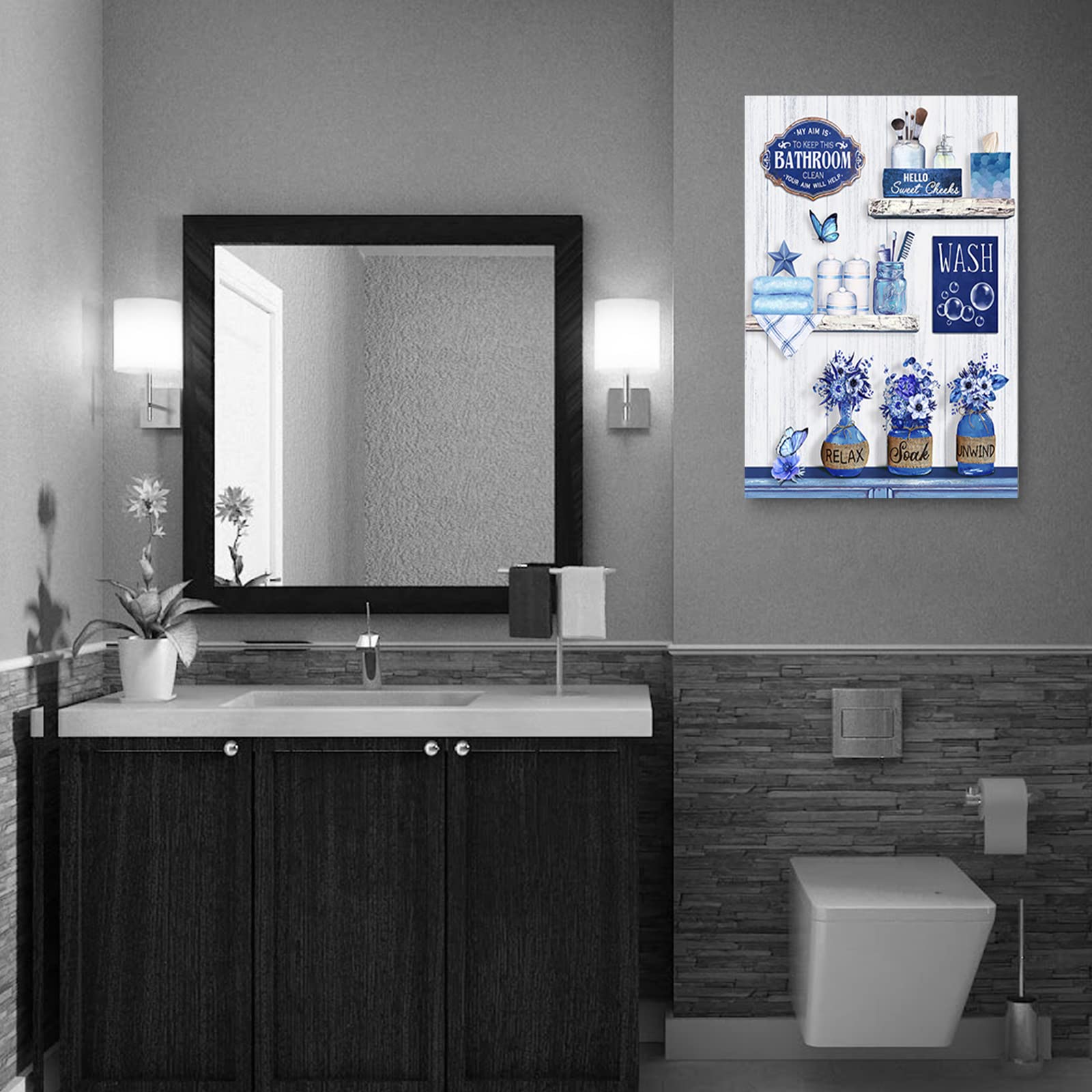 RUDIXICO Decorazione da parete per il bagno in stile rustico, con fiori e farfalle, stampa su tela, blu country, decorazione da parete per bagno, relax, relax, bagno, decorazione da parete