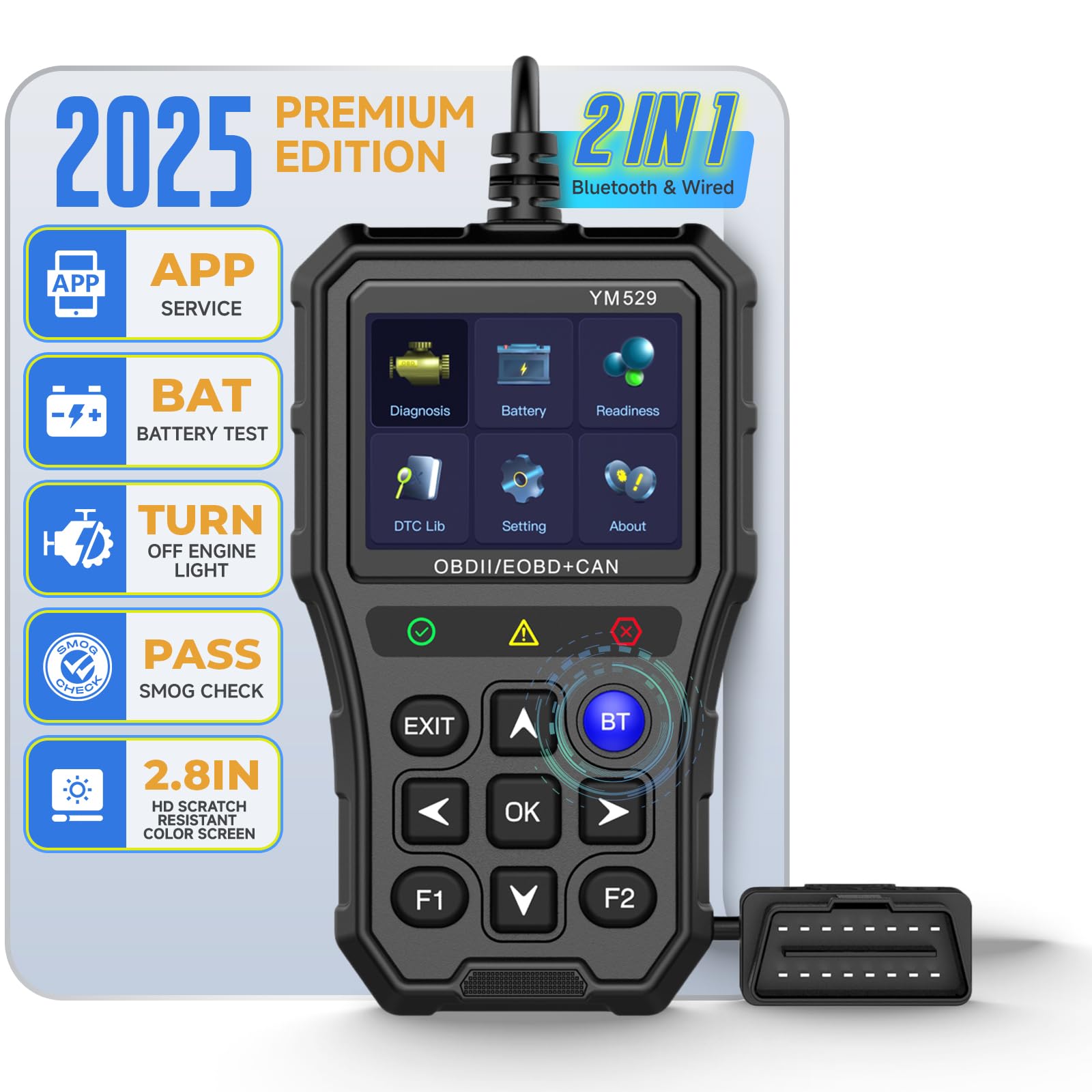 Professional OBD2 Scanner con tester della batteria - strumento diagnostico per automobili, 3D UI 2,8 pollici IPS schermo TPU case, lettura e cancellazione codici di errore, nero