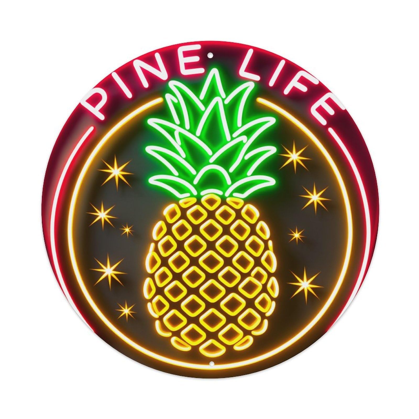 Pineapple Neon Sign With Stars And Text Round Vintage Tin Sign,Retro Wall Art,Metal Poster for Home, Bar, Garage, Cafe, Rustic Indoor & Outdoor Decor, 8x8 Inches