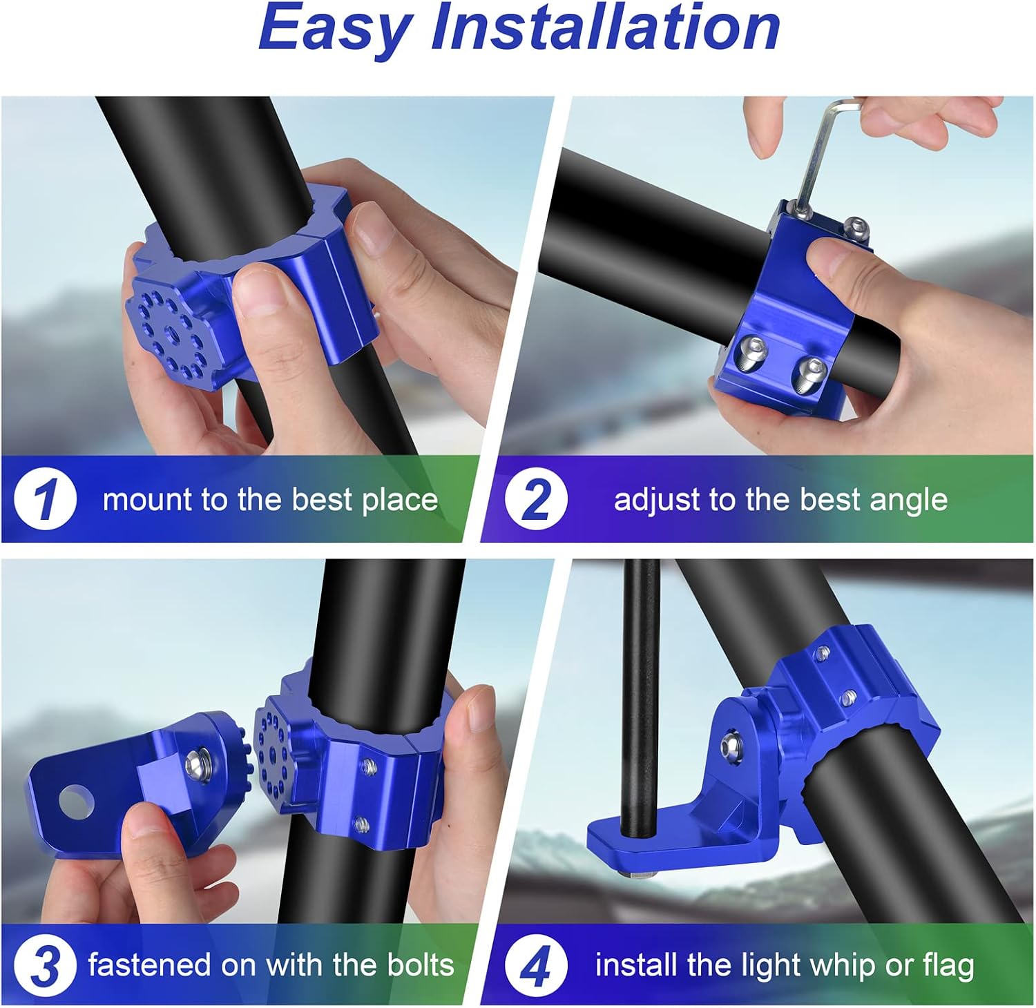 ZIDIYORUO UTV Whip and Spot Light Mount, 360 Rotating Flag Hole, Aluminium Alloy, 1.75" to 2" Roll Cage (2 PCS Blue)