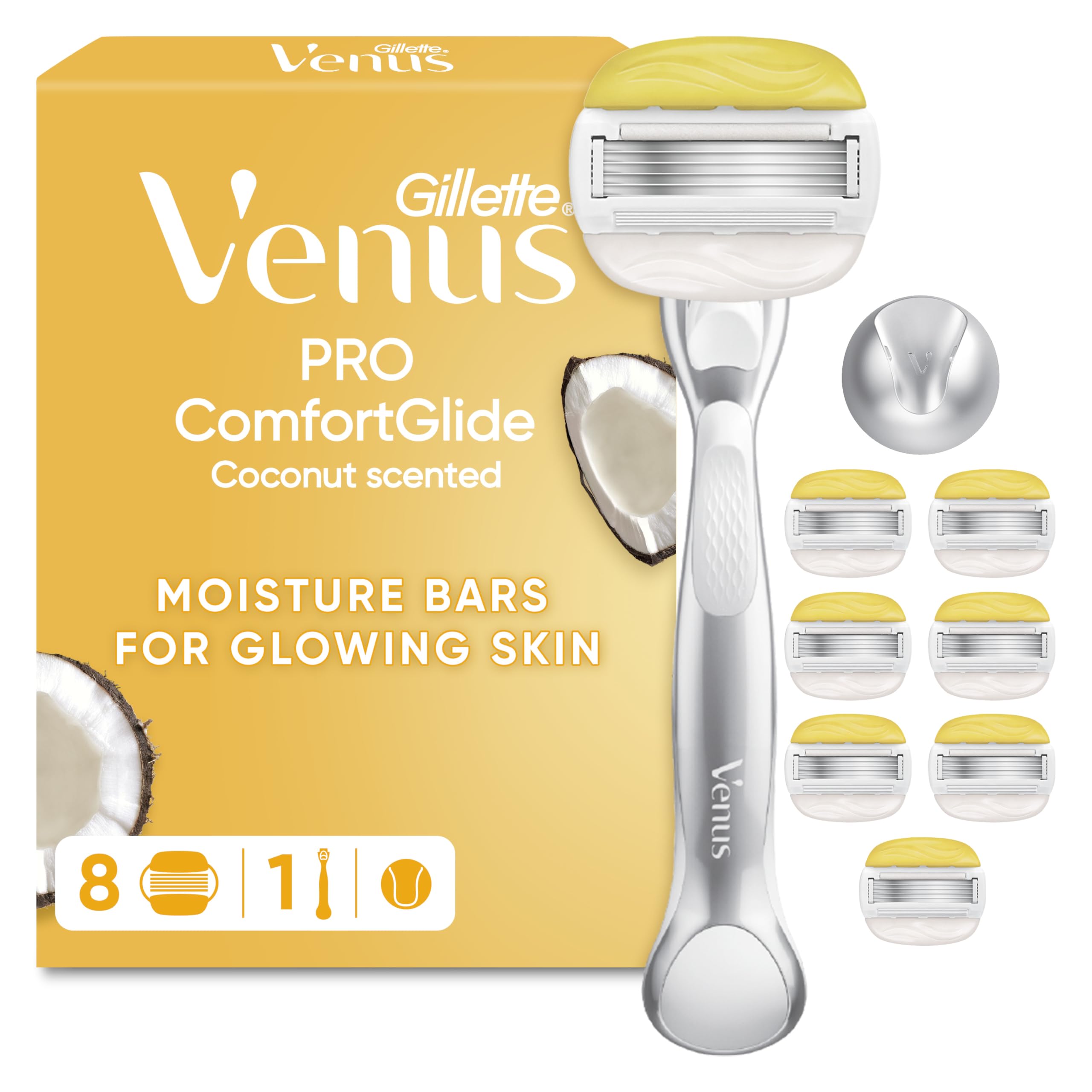 Gillette Venus ComfortGlide Women's Razor, 1 Handle & 8 Blade Refills - 5-Blade System, Smooth Close Shave, Olay Moisture Bars, Coconut Scented