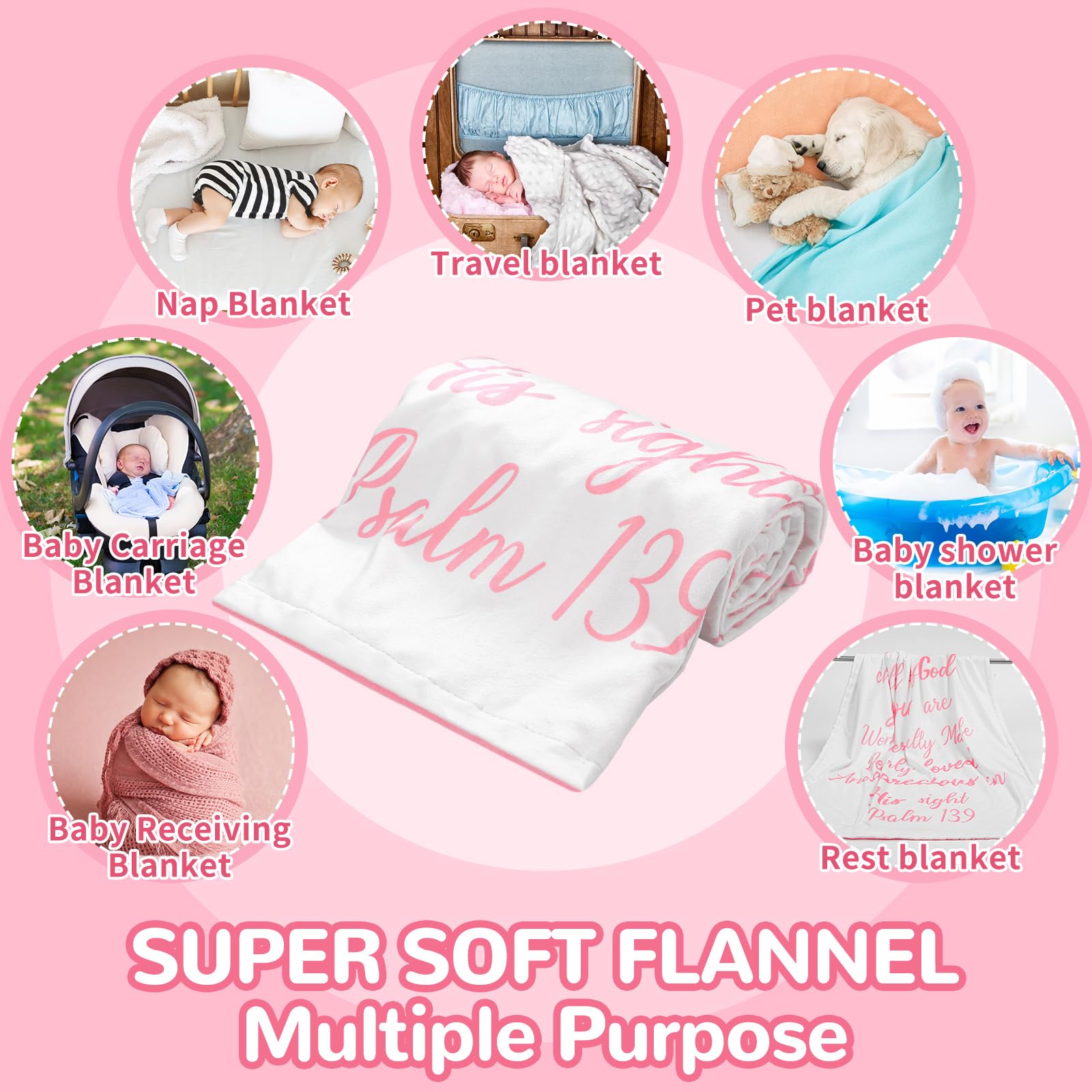 Rtteri Coperta in peluche per neonato, con retro punteggiato, per battesimo, con citazione della Scrittura, per neonato, ragazzo, ragazza, battesimo, figlioccio (rosa e bianco)