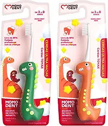 MOMODENT Escova de Dente Infantil Dinossauro - Cerdas Super Macias, Cabo Ergonômico, Para Crianças de 3 a 8 Anos, Compacta e Portátil (Laranja+Verde(2 unidades))
