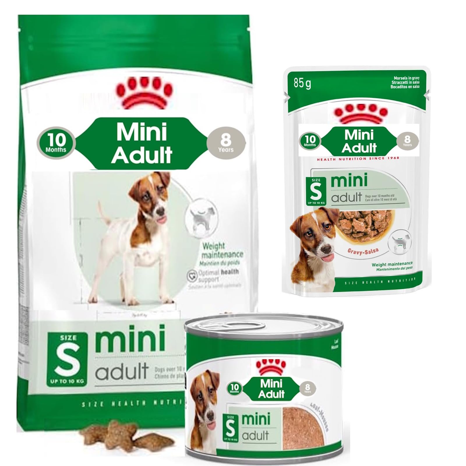 Mini Adult Small Breed Dry Dog Food for Adult Dogs – Complete & Balanced Nutrition, Small Kibble Size, 800g Bag/Mini Adult can 195g in Loaf and Adult wet pouch 85g