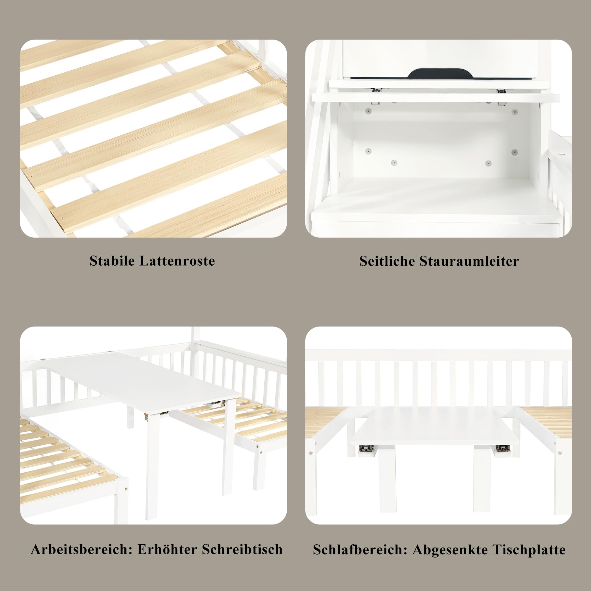 Azkoeesy Kinderbett Etagenbett mit Treppe und Stauraum, 90x200 + 120x200 cm, umbaubar in Sofa und Schreibtisch, Multifunktionales Hochbett für 2 Erwachsene und Jugendliche, Kiefernholz, weiß
