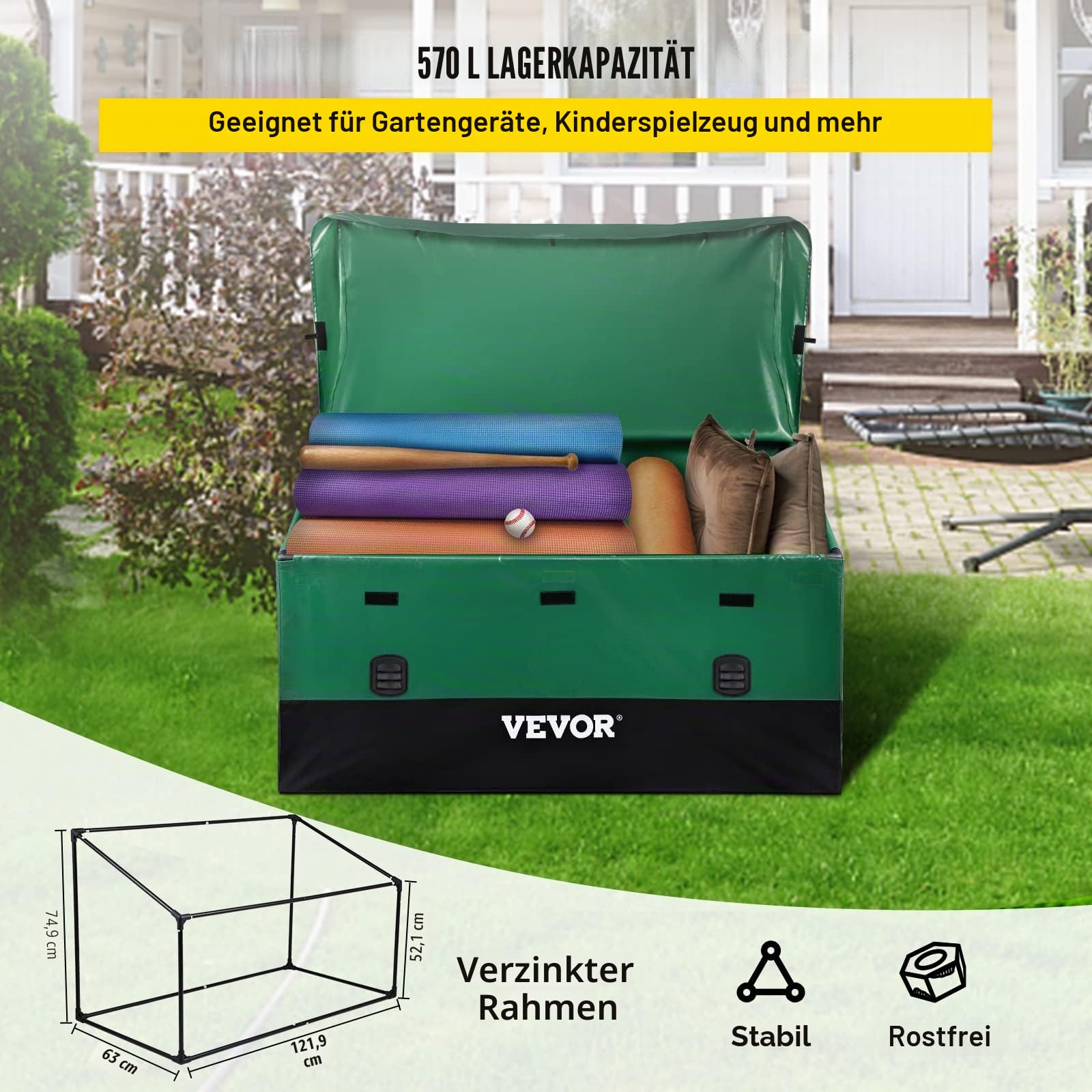 VEVOR 660L Auflagenbox Außenbereich 155x63x75cm Gartenbox aus PE-Plane auf industriellem Niveau Wasserdicht Luftdurchlässig Aufbewahrungsbox Truhe Gartenbox, Grün & Schwarz
