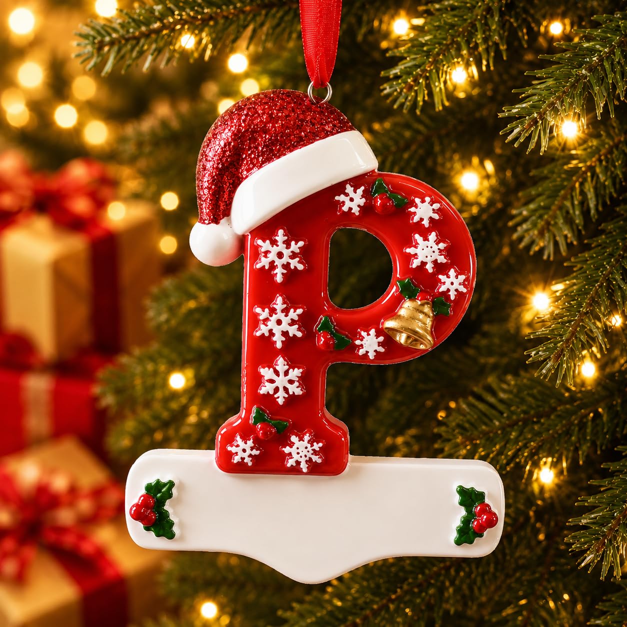 Bemaystar 3D Resin Letter Christmas Ornaments, Hand Painted Initial Christmas Tree Ornaments, Premium Holiday Decoration for Family Christmas Tree Decor, Ornaments for Christmas Tree, P