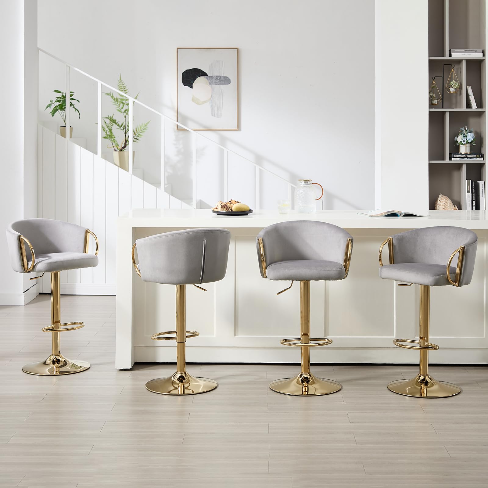 Orirsnug Swivel Counter Height Bar Stools Set of 4, Velvet Barstools with Arms Upholstered Gold Bar Chair Height Adjustable 24''-33'' Inch, Modern