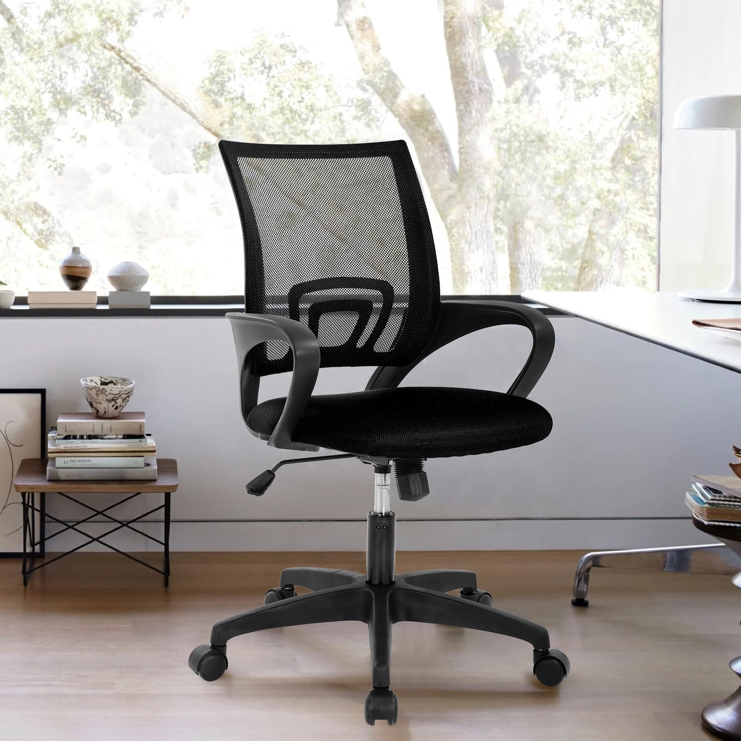 Mesh Office Chair, Mid-Back Computer Chair, Ergonomic Office Chair with Wheels & Lumbar Support, Adjustable Rolling Swivel Office Chairs, Black