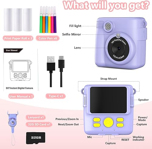Miniatura 6 de Cámara de impresión instantánea para niños, regalos de cumpleaños de Navidad para niñas de 3 a 12 años, cámaras de video digitales HD 1080P para