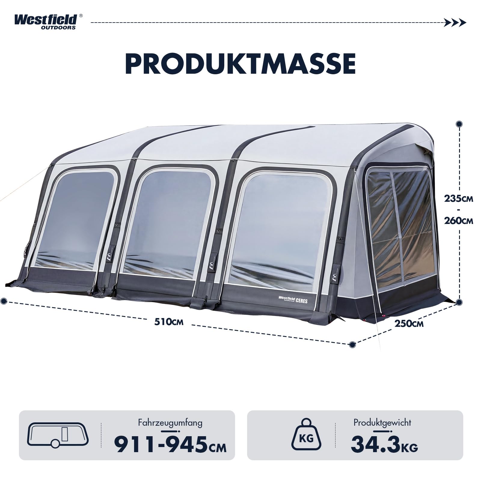 Westfield Outdoors Ceres 7, Aufblasbares Vorzelt für Wohnwagen, Höhe 235–260cm, B510 x T250 cm, 3000mm Wassersäule, UV- & windstabil, Abnehmbare Wände, EIN-Punkt-Aufblassystem, inkl. Luftpumpe