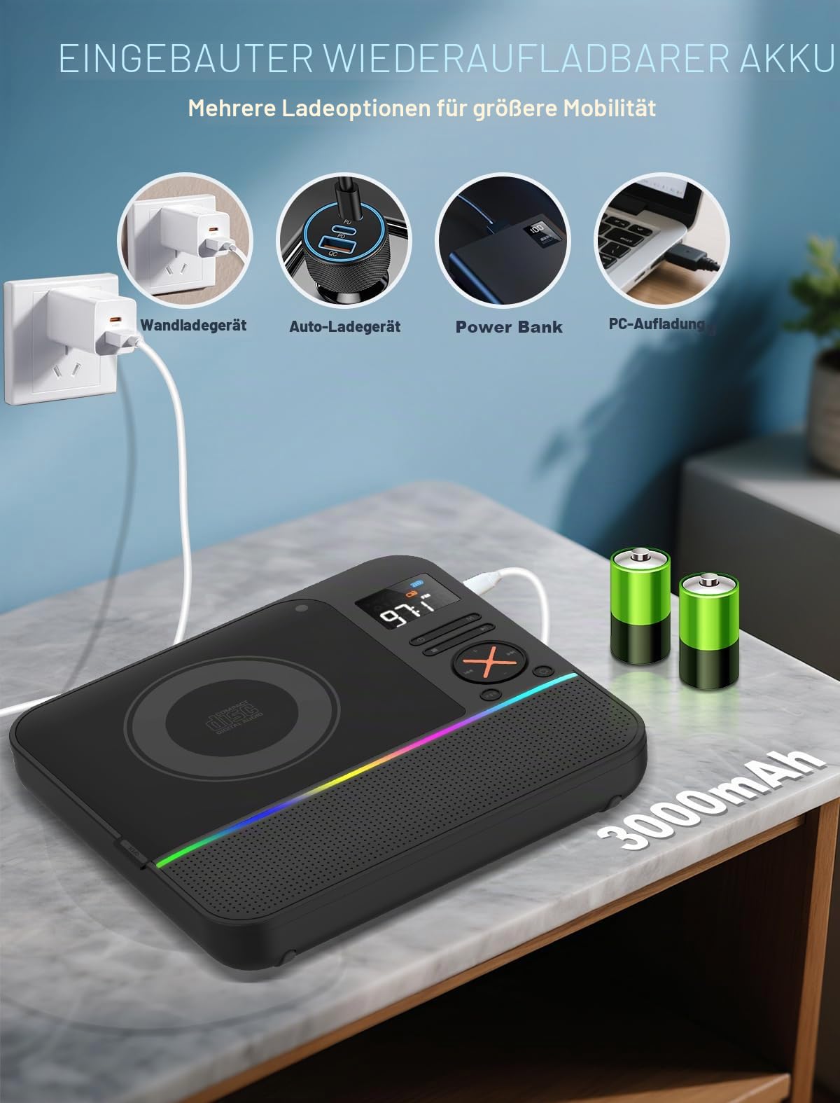 Tragbarer CD Player Bluetooth, Boombox Desktop CD-Player mit Bluetooth FM-Radio und RGB LED-Anzeige Integrierte Dual-Lautsprecher Unterstützt USB/AUX für Hause Camping Tragbare CD-Players