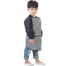 Plie Kids Painting Apron - Waterproof Long Sleeve Art Smock for Toddlers & Preschoolers, Messy Play, Baking, Crafts, Cooking, Sensory Activities (Ages 1-10), Black Leopard (32-L)