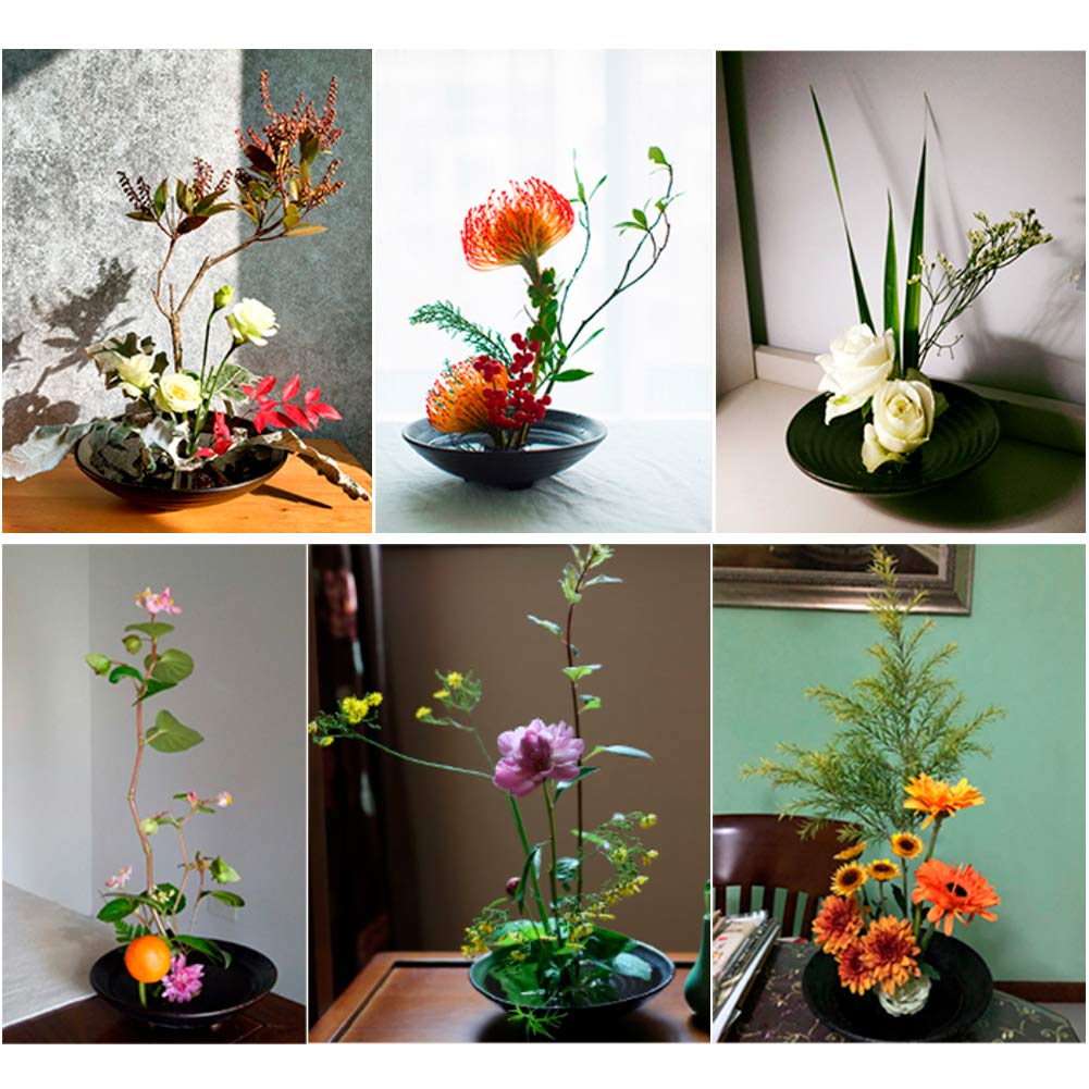 WANDIC 51 Stück Ikebana Schale Japanisch Set, Runde Blumenhalterungen, Keramik Blumentopf, Kenzan Nadel Reinigungsstift & Rechen, Blumenstiele und Blumenband für Blumenarrangements und Kunst