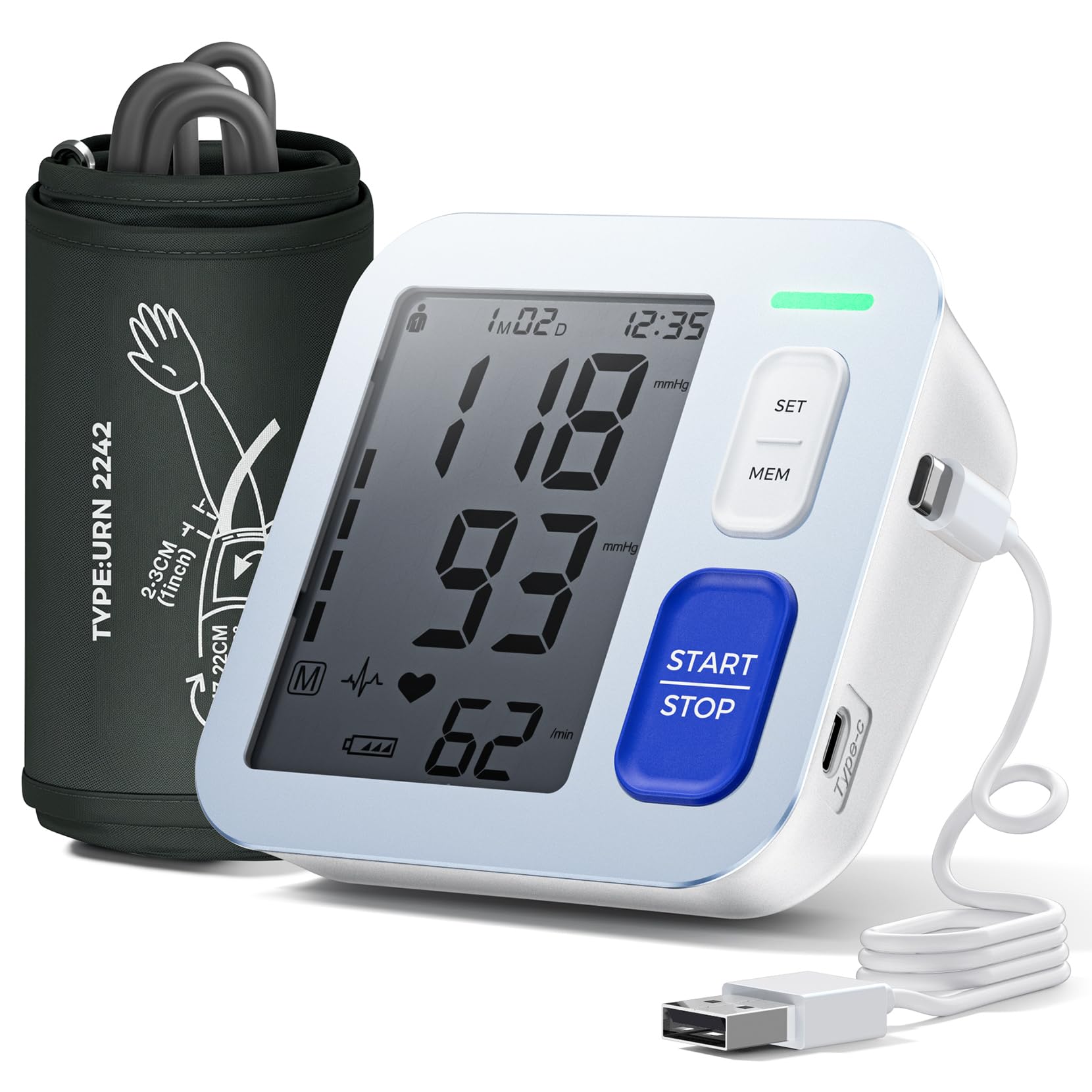 Tensiometro de Brazo Digital, Medidor Tension Arterial Profesional, Aparato Tension Arterial con Pantalla LCD HD, Se Pueden Registrar 2 x 99 Datos de Usuario,Cable de Carga de Batería AA/Tipo-C