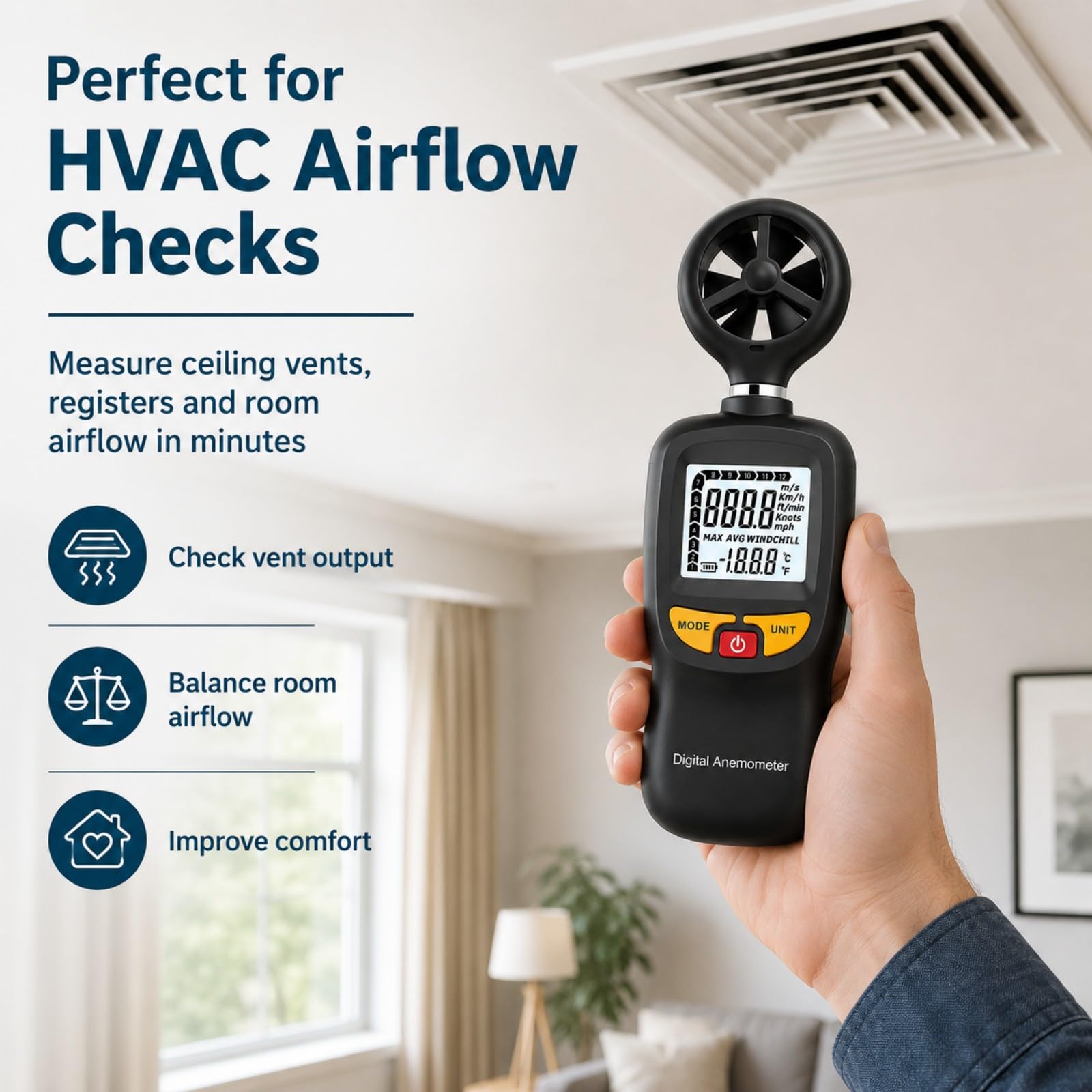 Handanemometer Digital Mini Windgeschwindigkeitsmesser mit LCD Hintergrundbeleuchtung, Luftstrommesser mit Temperatur & Windchill, Max/AVG Modus für HVAC Segeln Drohne Golf