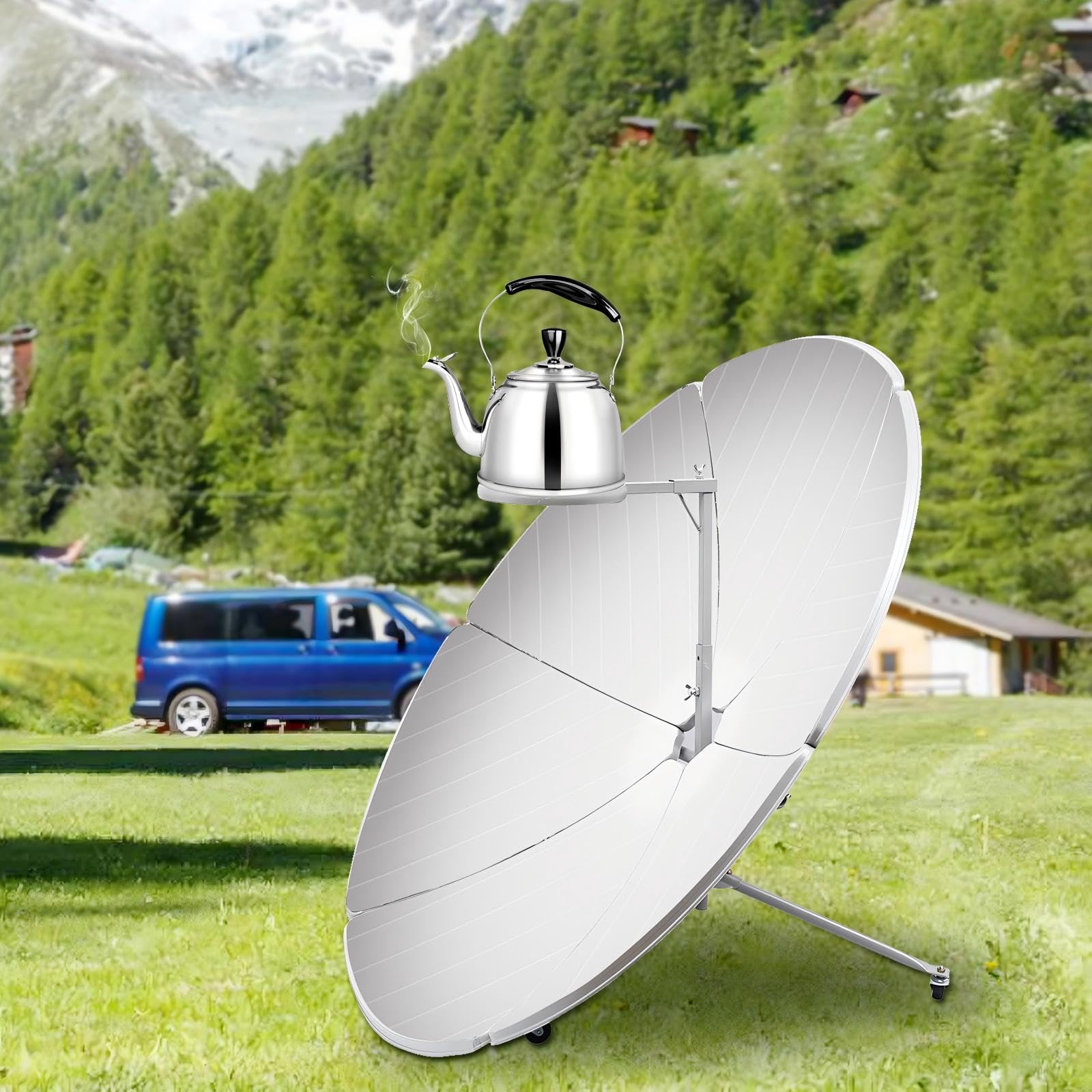 Fornello solare portatile parabolico, forno a energia solare concentrata, diametro 1,5 m, per campeggio, campeggio, all'aperto, picnic, educazione visiva o concentratore solare fai da te (800 a 1000 °