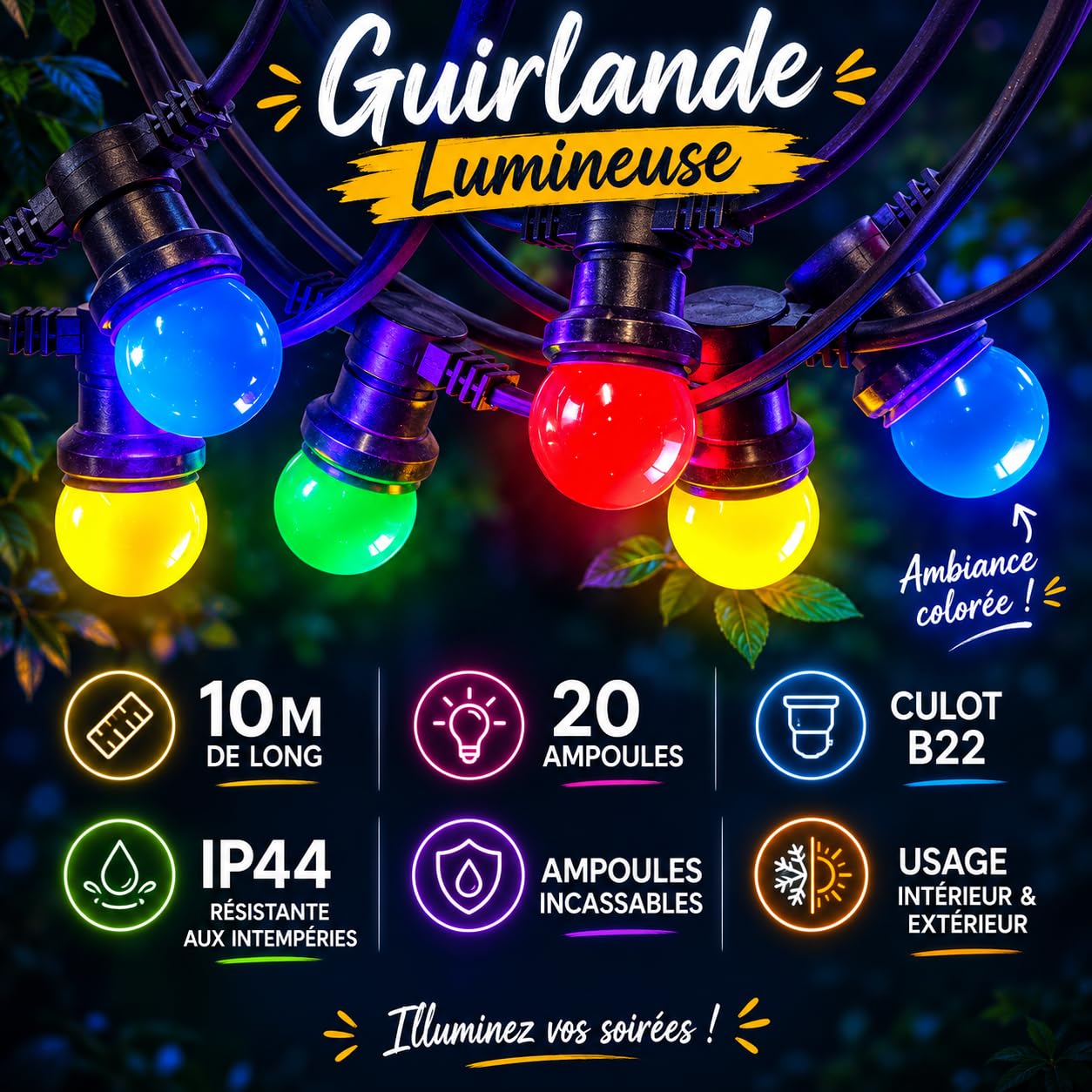 Guirlande guinguette extErieure Lumineuse LED 20 Ampoules B22 Multicolore 10m
