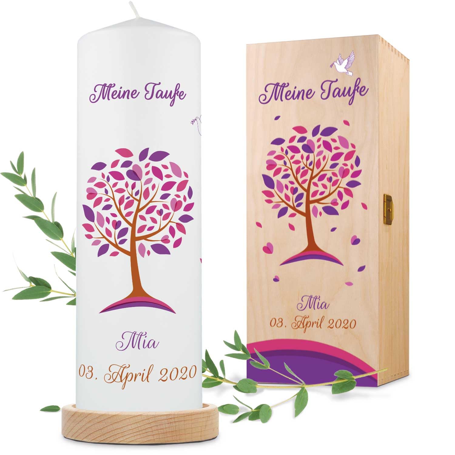 GRAVURZEILE Taufkerze Lebensbaum - Kerze mit Namen, Datum & Taufspruch - Hochwertige Stumpenkerze 250/80 mm brilliant bedruckt - Personalisiertes Taufgeschenk für Mädchen & Jungen - Weiß - Rosa