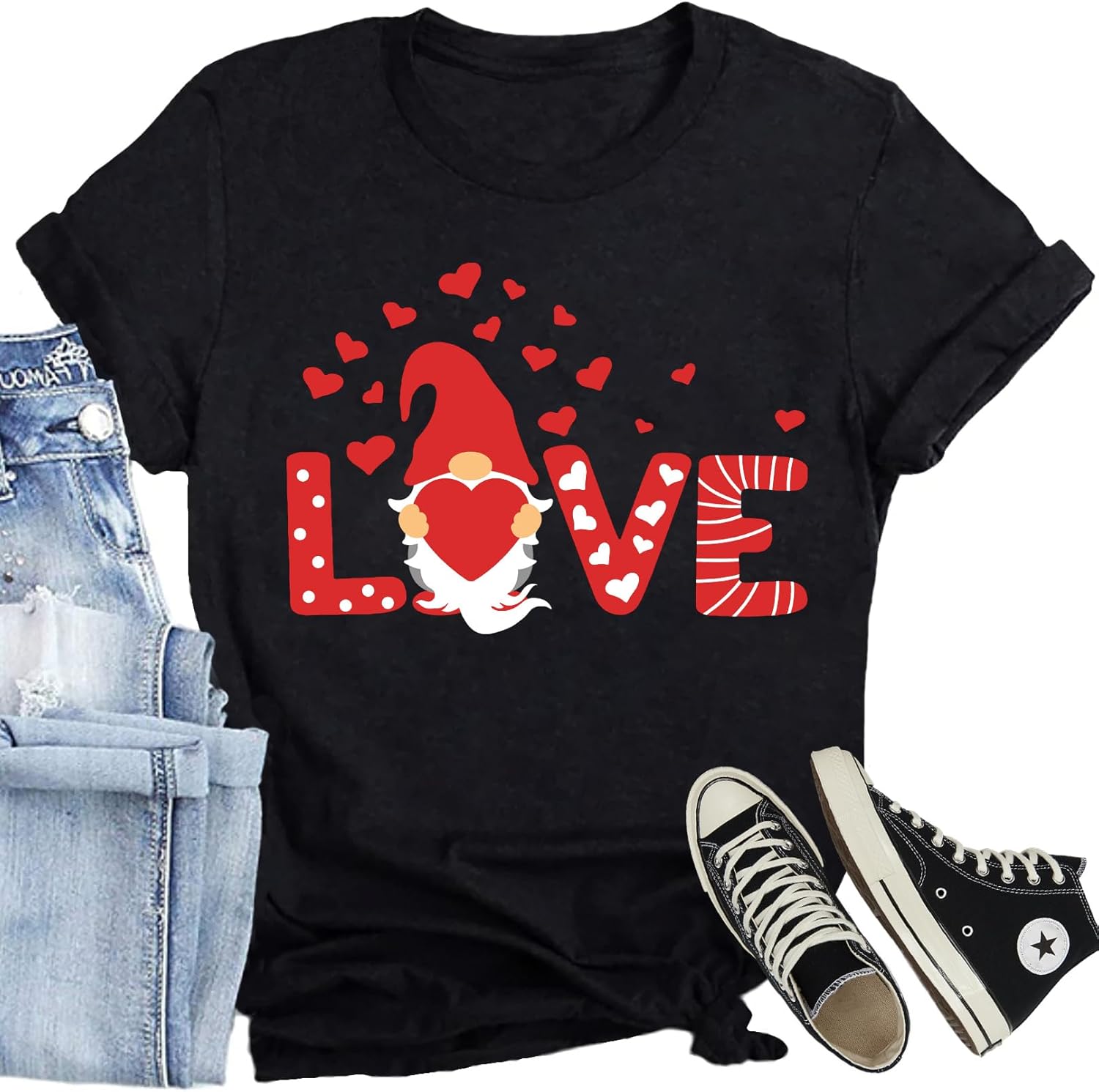 Women Valentines Day Shirts Cute Gnome Love Heart T-Shirt Casual Lover Wife Day Tee Tops