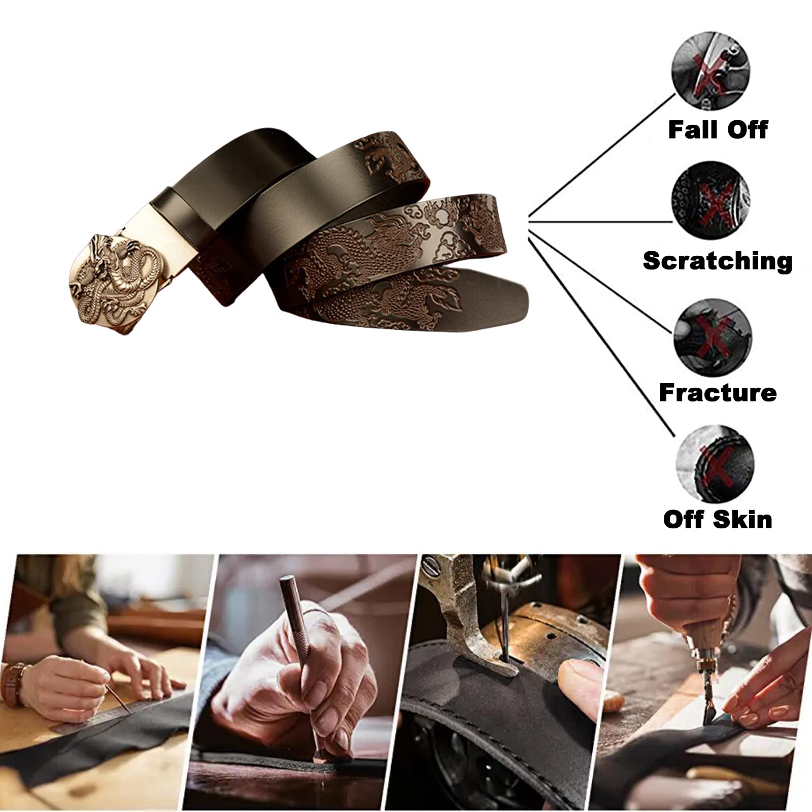 Cintura da Cowboy da Uomo, Cintura in Pelle Goffrata con Fibbia a Drago Scorrevole Automatico, Cintura Di Lunghezza 110-130 Cm, Cintura in Pelle Di Mucca con Fibbia Automatica/Dron~I/110Cm/Wa