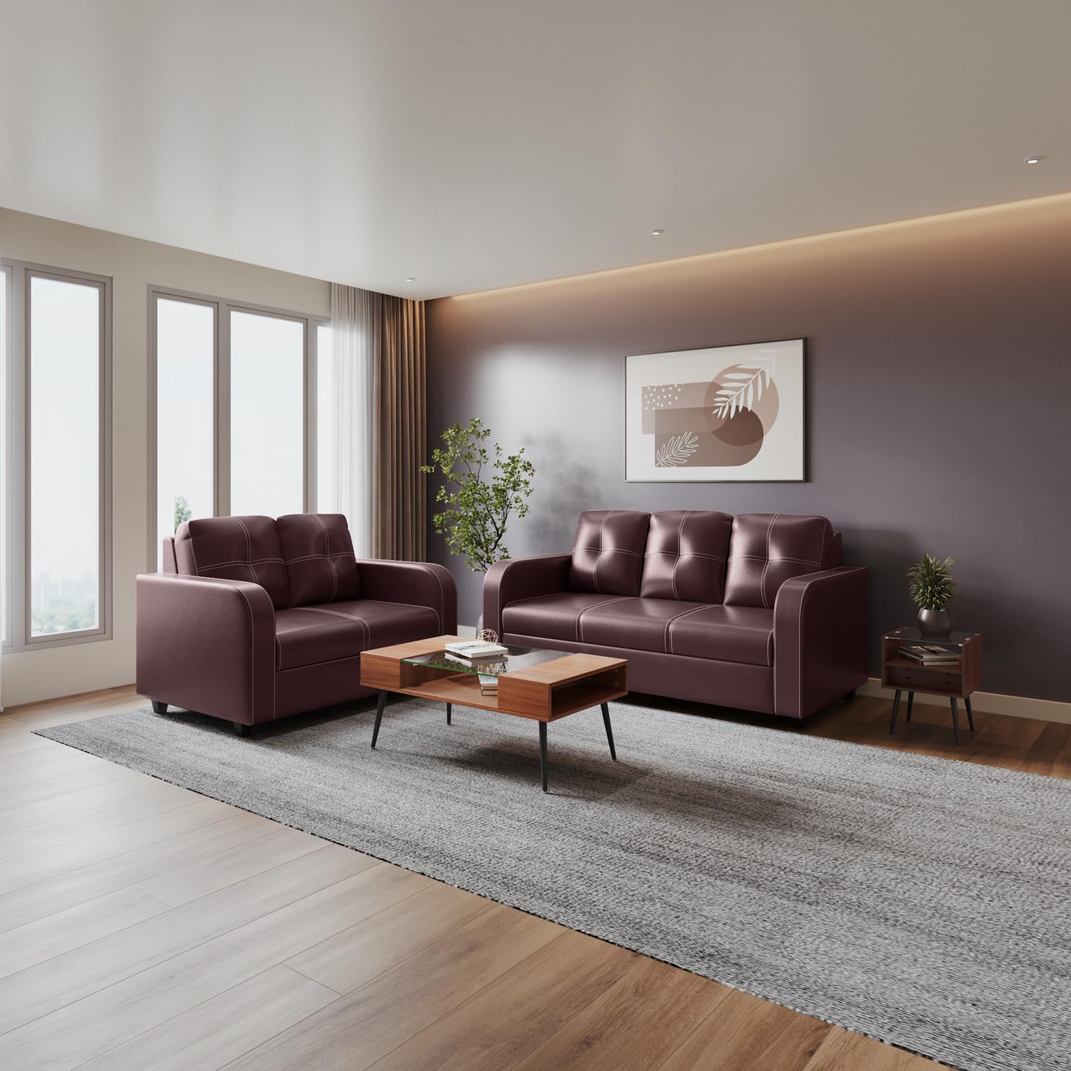 Interio by Godrej Tycoon 5 Seater Synthetic Leather Sofa Set | 3+2 for Living Room, 1-Year Warranty, Solid Wood, Burgandy