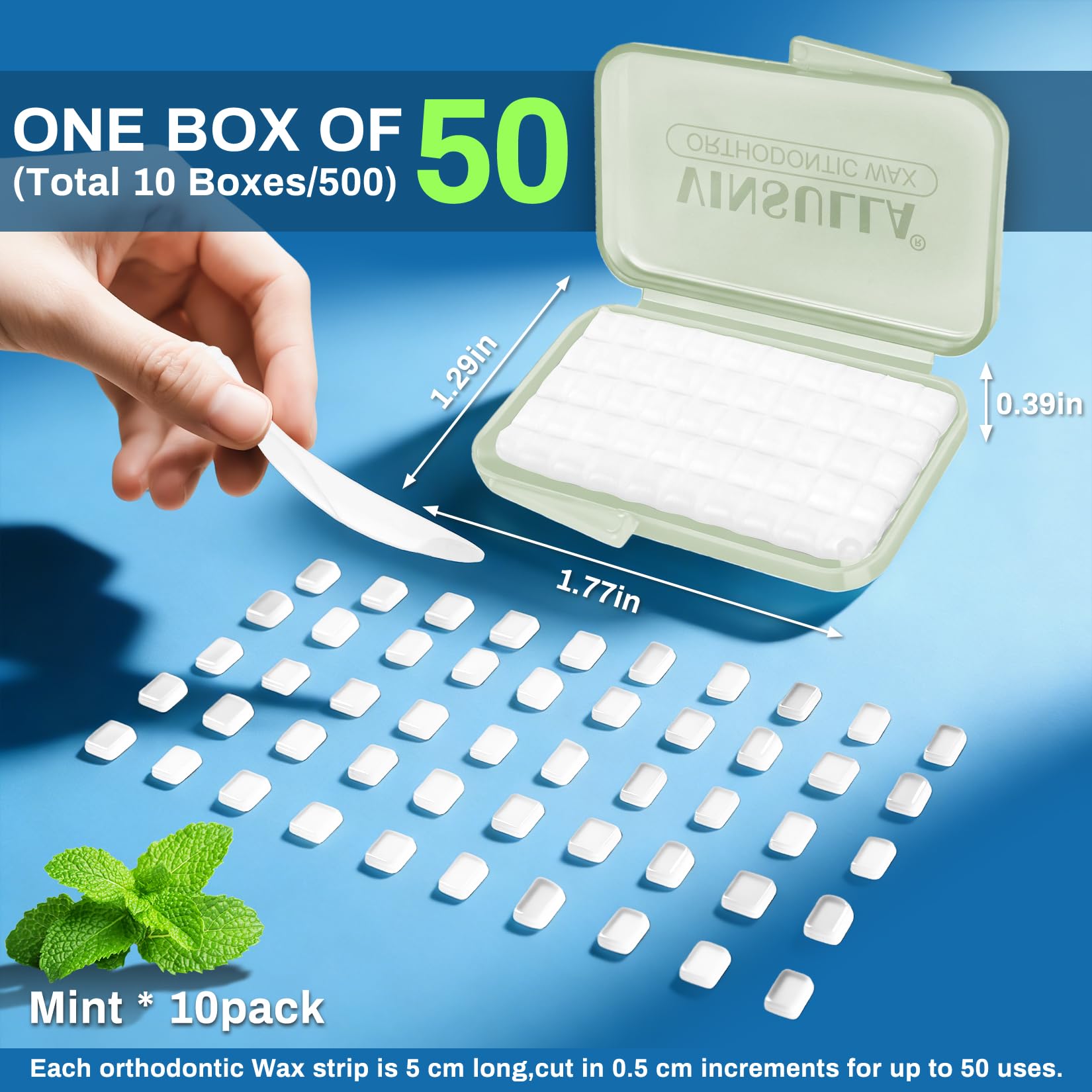 Lot de 10 boîtes de cire orthodontique pour appareils dentaires - 500 perles de cire dentaire prédécoupées - Sans danger pour les enfants et les adultes - Goût doux de menthe