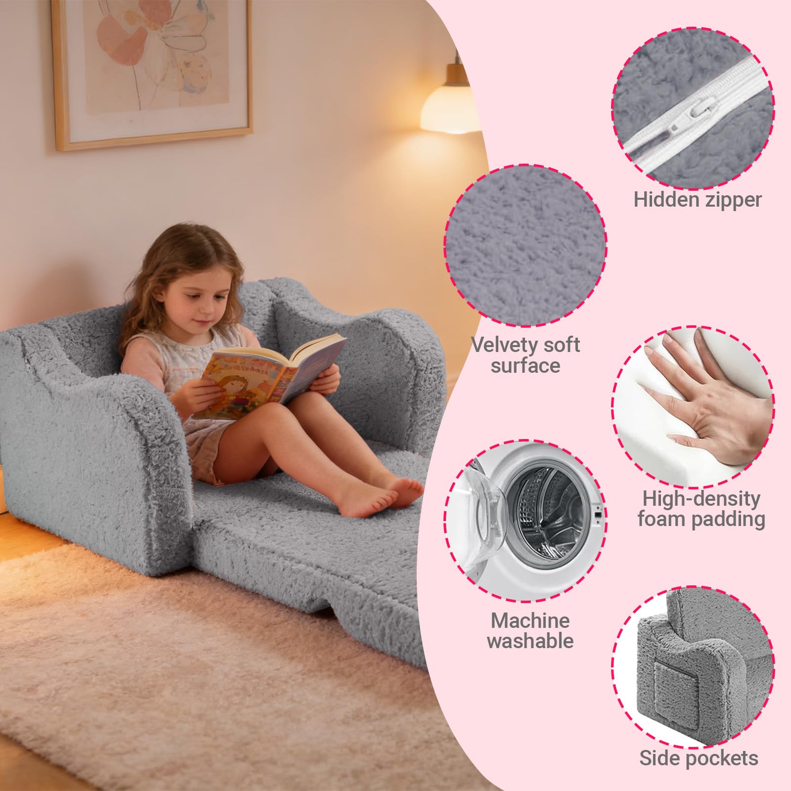 Poltroncina per Bambini 2 in 1, Poltrona Bambini Pieghevole, Poltroncina Bimbi Con Rivestimento Sfoderabile, Poltrona Bambina Bambino