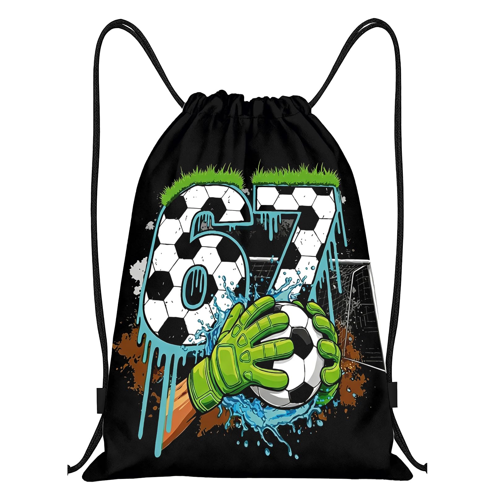 67 Football Drawstring Bag, Black Waterproof Drawstring Bag, Football Party Bag for Fans, Soccer Gym Boys Swimming Bag for Sports, Hiking Camping & Travel Use, 67 Meme Backpack Gifts for Boys