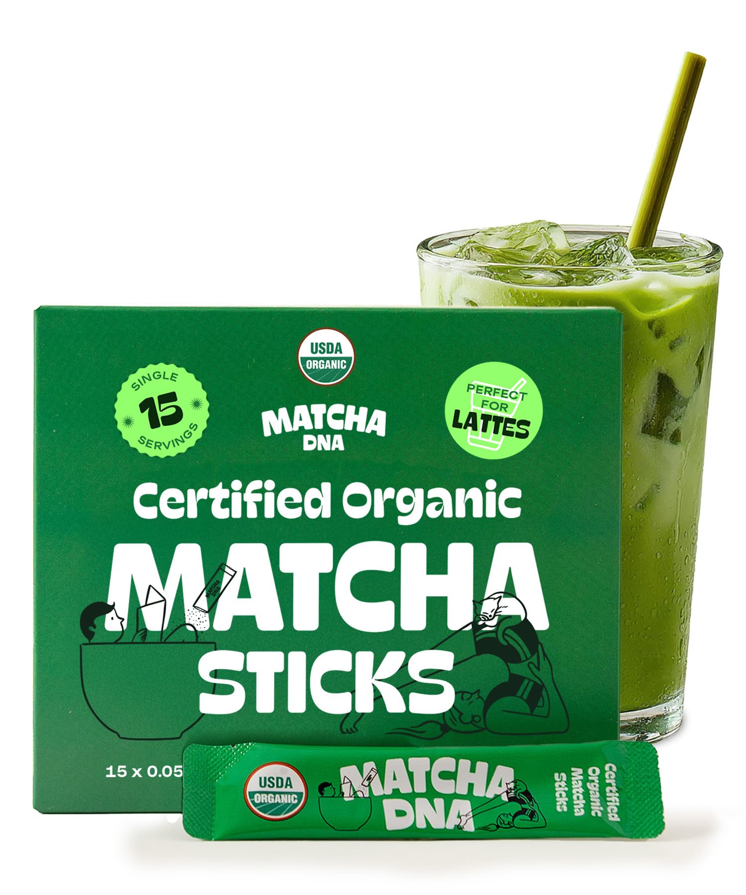 MatchaDNA Organic Matcha Powder Sticks x15 Pack 1 5g Each Instant Organic Matcha Macha Green Tea Blend Unsweetened