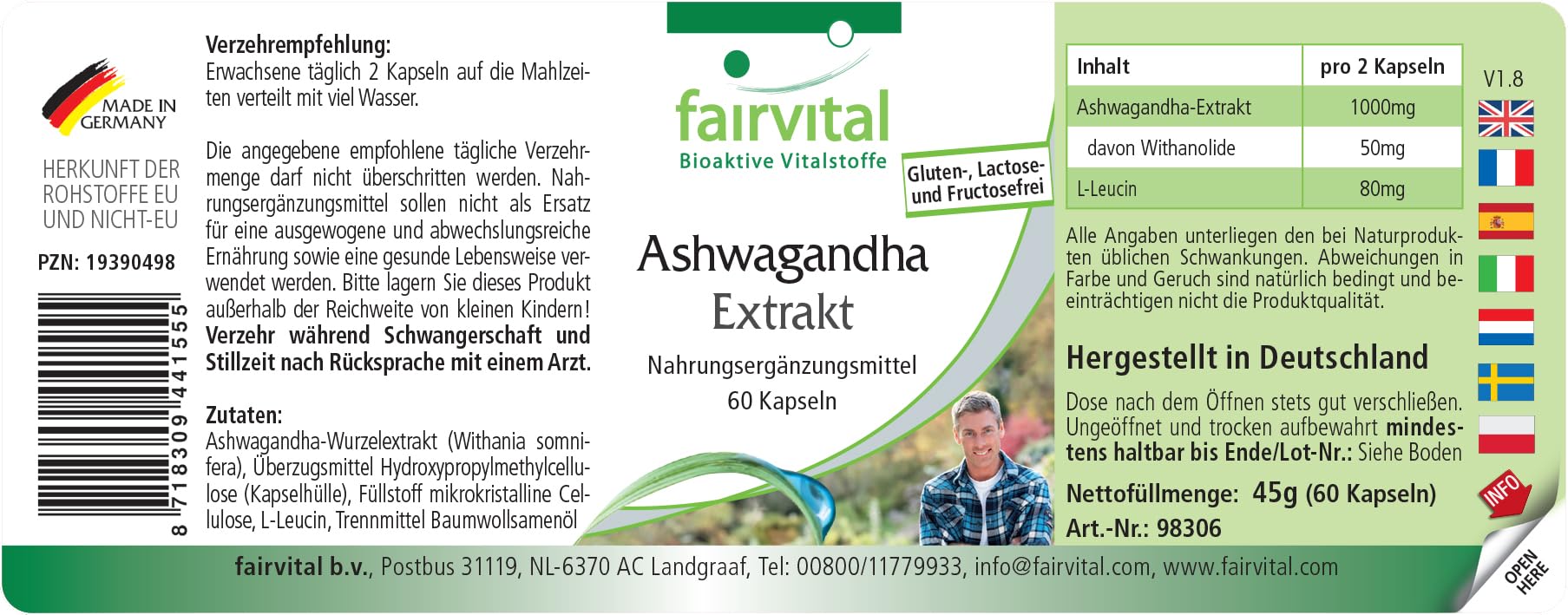 fairvital Gélules d'Ashwagandha, 180 gélules (60 x 3), HAUTEMENT DOSÉES, 1000mg d'extrait d'Ashwagandha 12:1 par dose journalière, 5% de withanolides, VÉGÉTALIENNES, Withania Somnifera