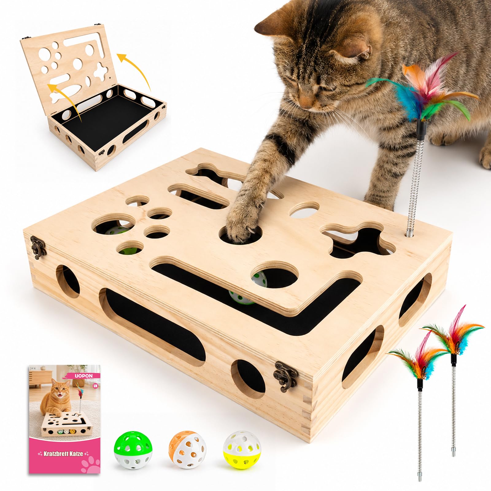 3 in 1 Cat Nail File Box, Cat Puzzle Toys with 2 Cat Teaser & 3 Bell Balls