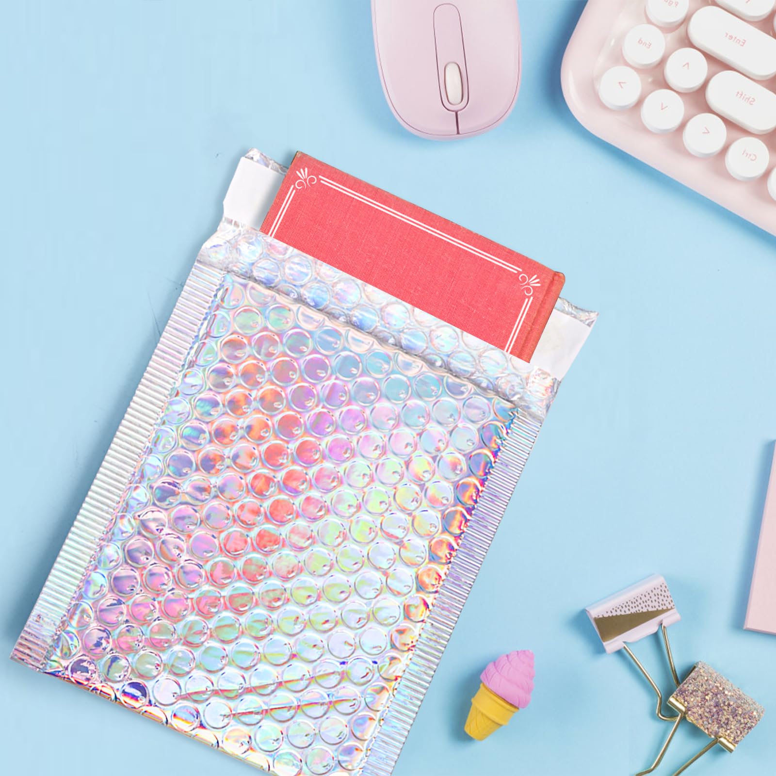ZAVOOS Sobres metálicos de burbujas, 50 piezas, 3 tamaños, autosellantes | Sobres acolchados de polietileno holográfico, sobres impermeables de burbujas para envío, embalaje, pequeñas empresas