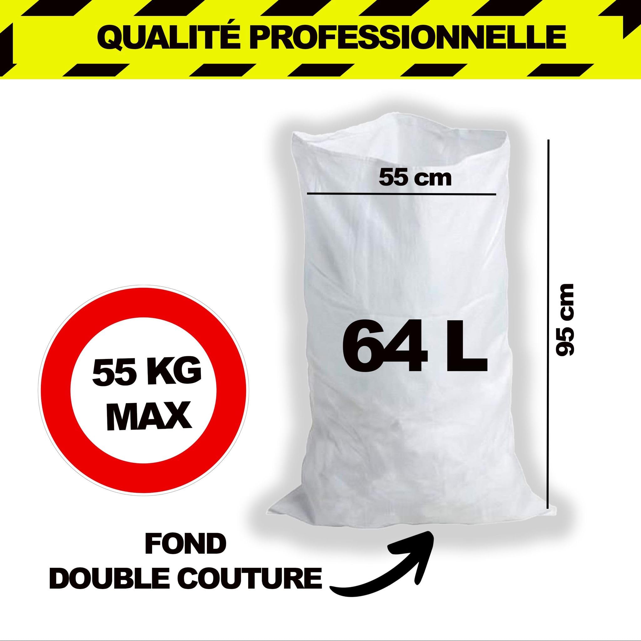 100 Sacs à Gravats, 55 x 95cm, 55kg, Résistant et Réutilisable, En polypropylène tissé blanc, Sable, Terre, Gravier, Jardinage, Chantier, Déchets de constructions