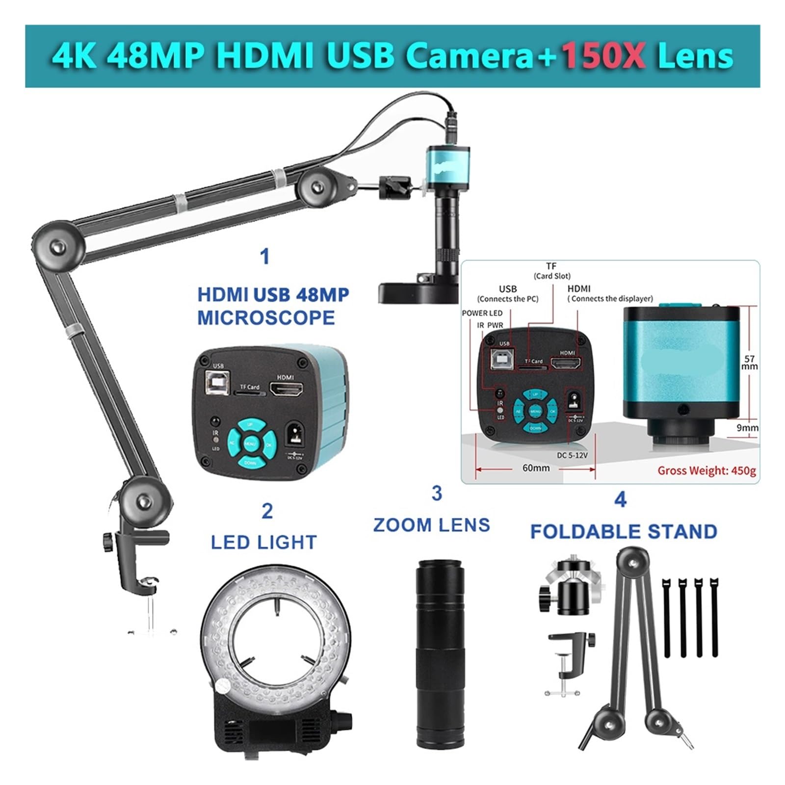 4K 2K Full HD Digitalmikroskop 1080P 60FPS USB VGA Mikroskopkamera 150X Industriemikroskop Aktualisierter Ständer