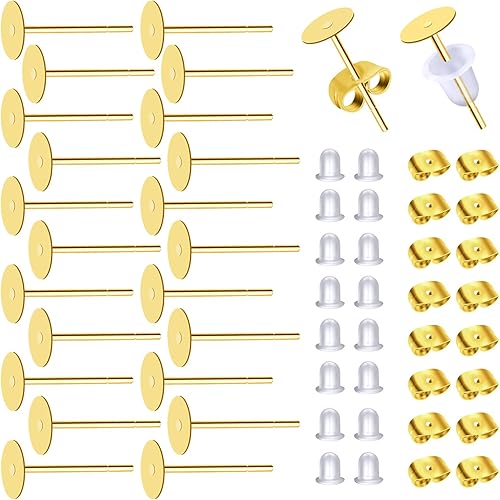 TOAOB - 300 aretes de acero inoxidable hipoalergénico dorado de 0.197 in, almohadillas planas con parte trasera de goma transparente y parte trasera