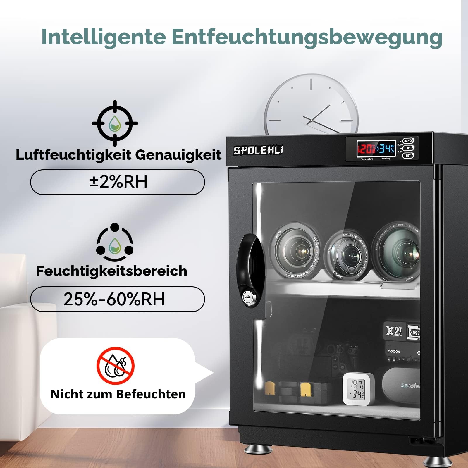 Kamera Trockenschrank Digitaler Luftentfeuchter 35L Elektronische Trockenbox und energiesparenden LED-Lichtern für die Aufbewahrung von Kameraobjektiven und elektronischen Geräten