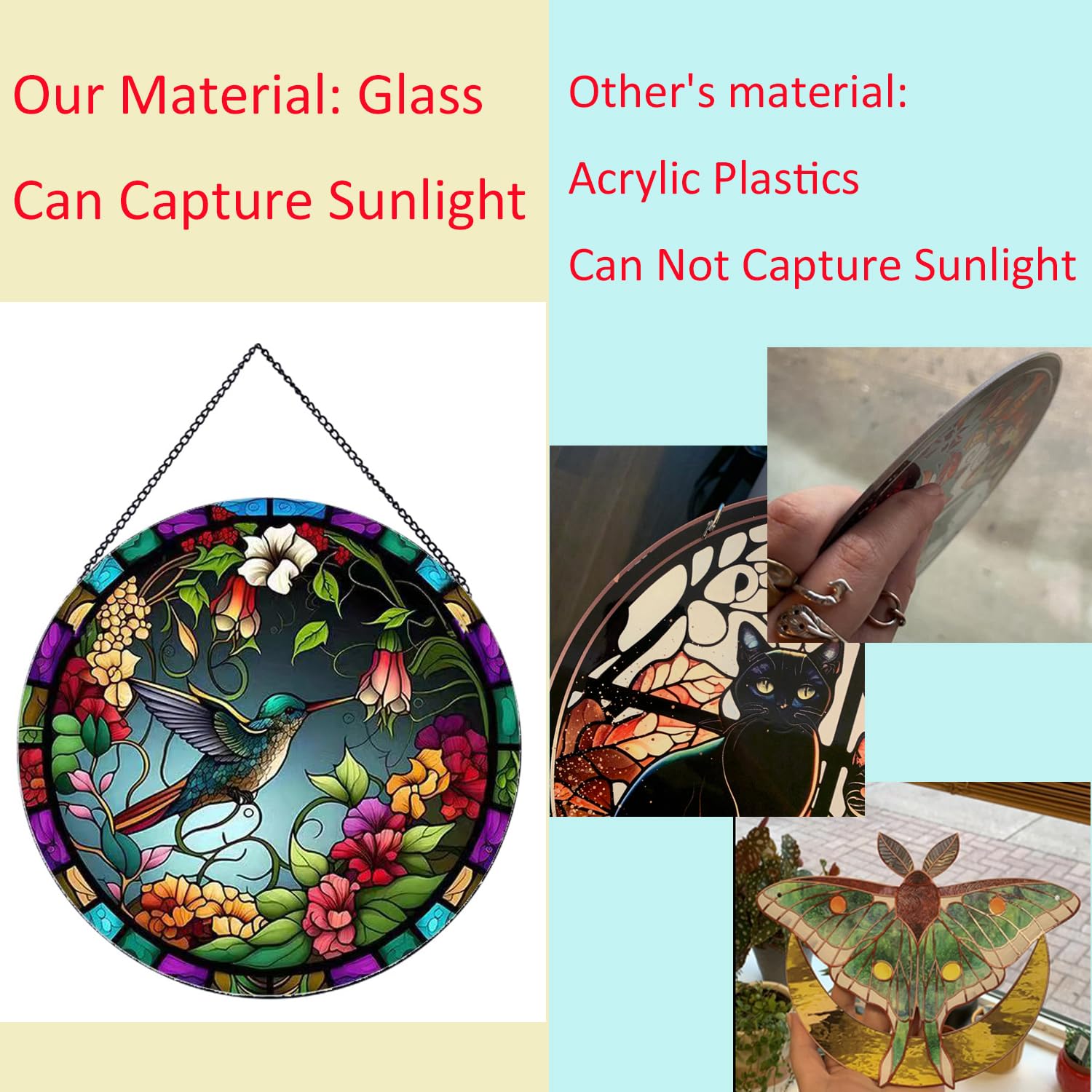 Payutou Hummingbird and Flower Pattern Suncatcher with Stained Glass for Hanging for Windows 20 cm, Hand-painted Suncatcher - Image 4