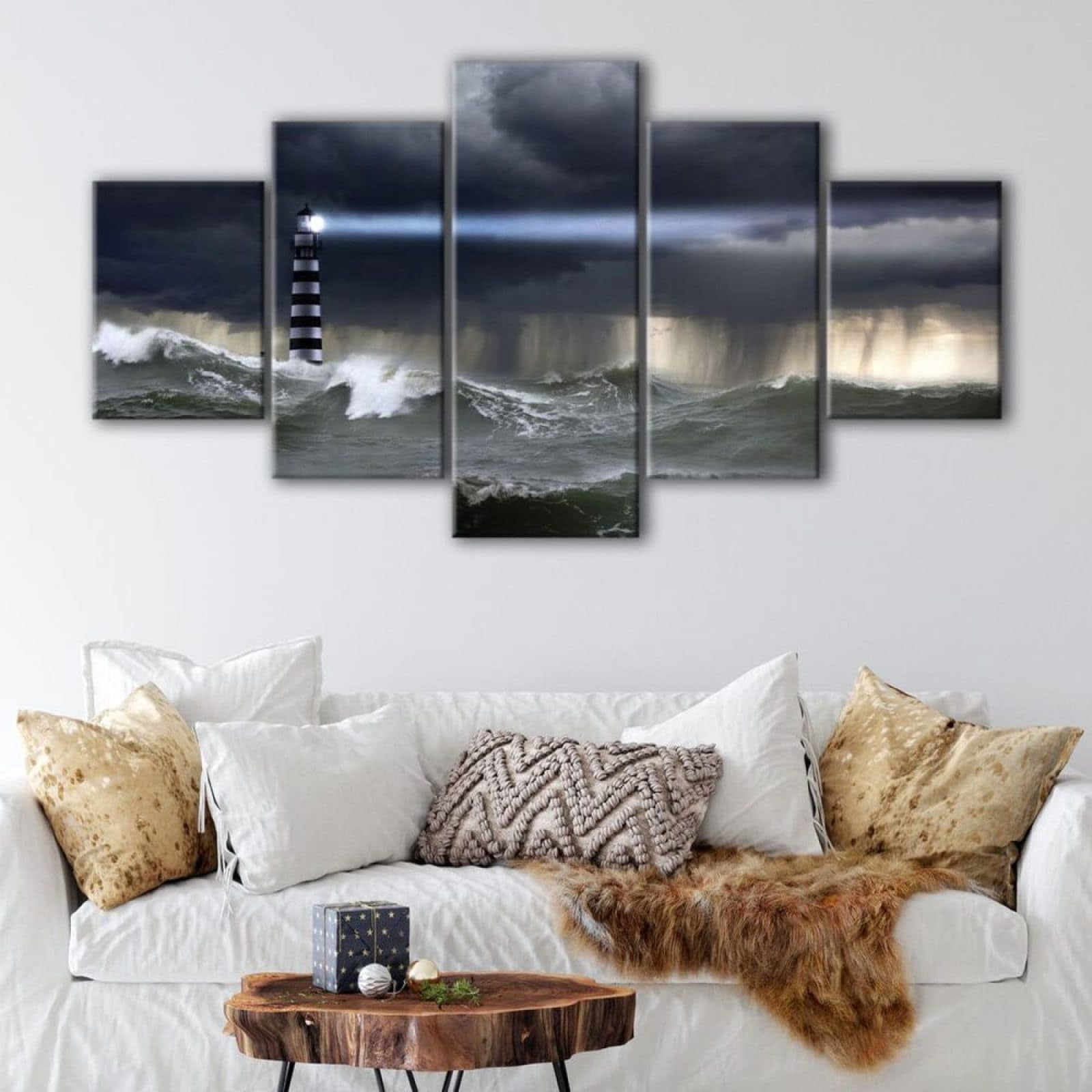 PYBILDCYJ 5-teiliges Leinwandbild mit Holzrahmen 100x55 cm, Leuchtturm im Sturm Moderne Wanddekoration HD Kunstdruck für Wohnzimmer Schlafzimmer, Home Decor Möbel Art