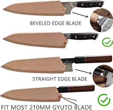 Japanese Gyuto Knife Sheath, 8 Inch Chef Knife Beechwood Saya Blade Cover, 210mm Magnetic Protective Edge Guard with Copper Pins for Kitchen Knives
