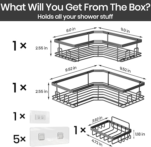 Miniatura 7 de WinDerMo Estante esquinero para ducha, estante de ducha de baño con estante para jabón y 12 ganchos, organizador de almacenamiento, color negro