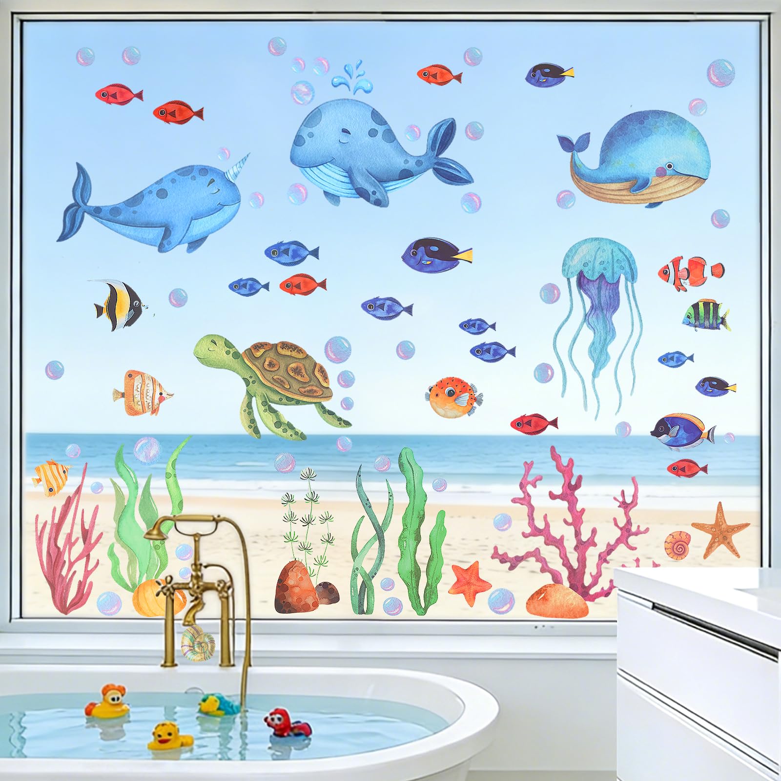 Autocollants pour Fenêtre Enfants 9Pcs Electrostatique Stickers Fenetre Vitre Autocollants Décoratifs pour salle de bain réfrigérateur Fenêtre décoration Océan Été